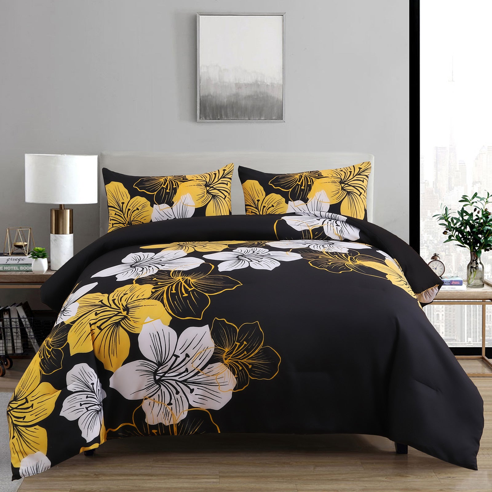 Comforter Set, Black/Gold Floral 3-Piece Bedding, Soft Microfiber for All Seasons