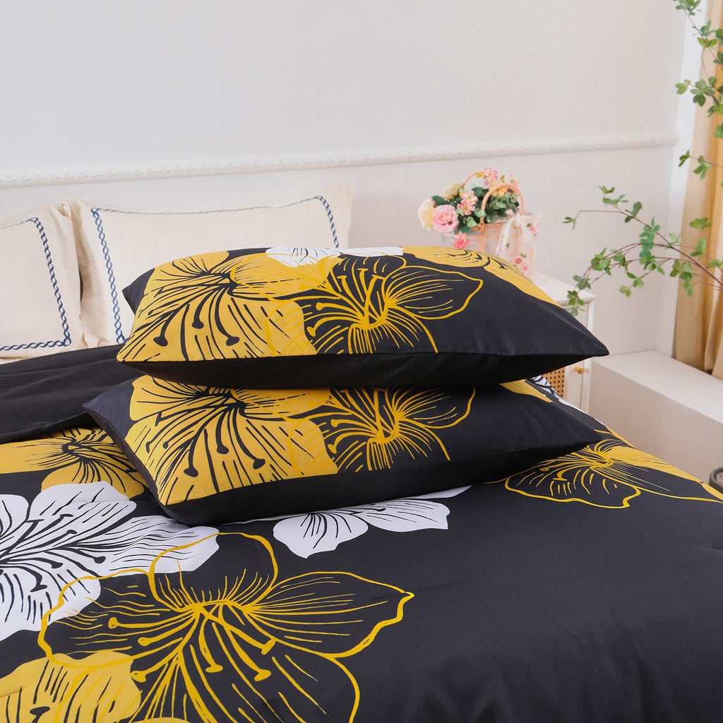 Comforter Set, Black/Gold Floral 3-Piece Bedding, Soft Microfiber for All Seasons