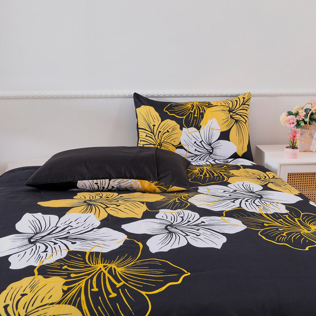 Comforter Set, Black/Gold Floral 3-Piece Bedding, Soft Microfiber for All Seasons