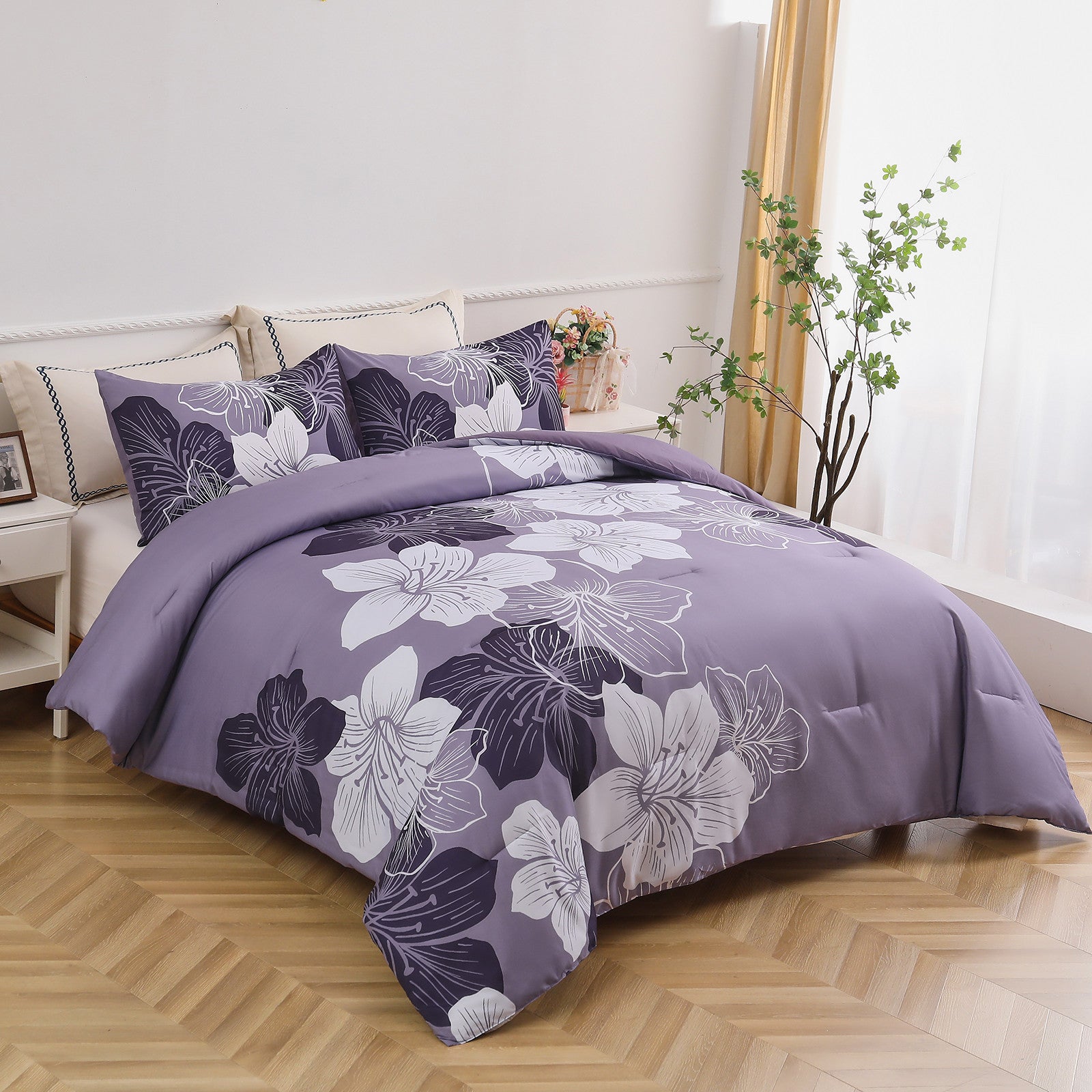 Comforter Set, Dark Purple Floral 3-Piece Bedding, Soft Microfiber for All Seasons