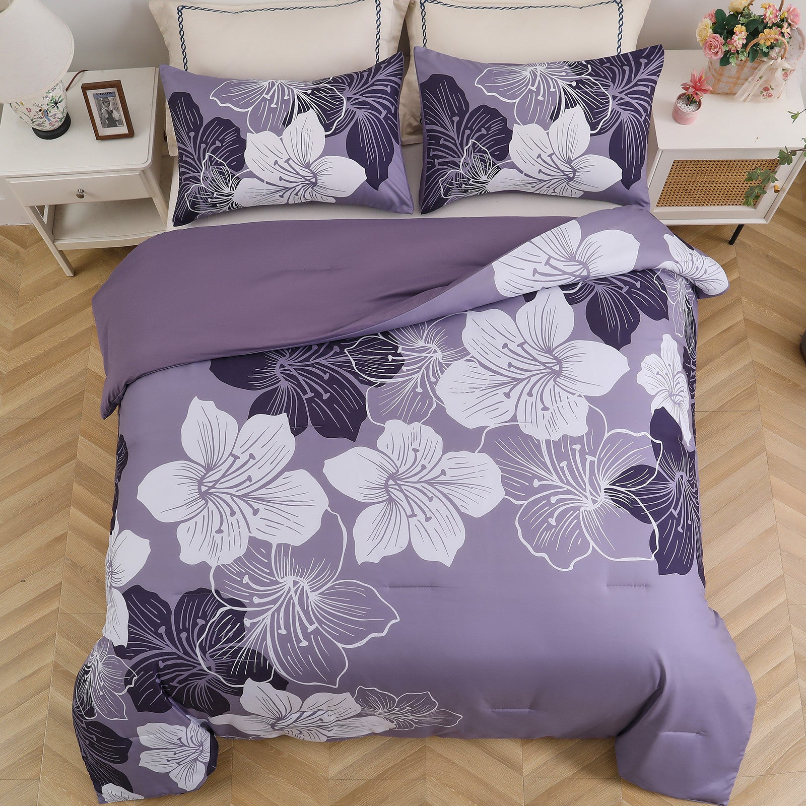 Comforter Set, Dark Purple Floral 3-Piece Bedding, Soft Microfiber for All Seasons