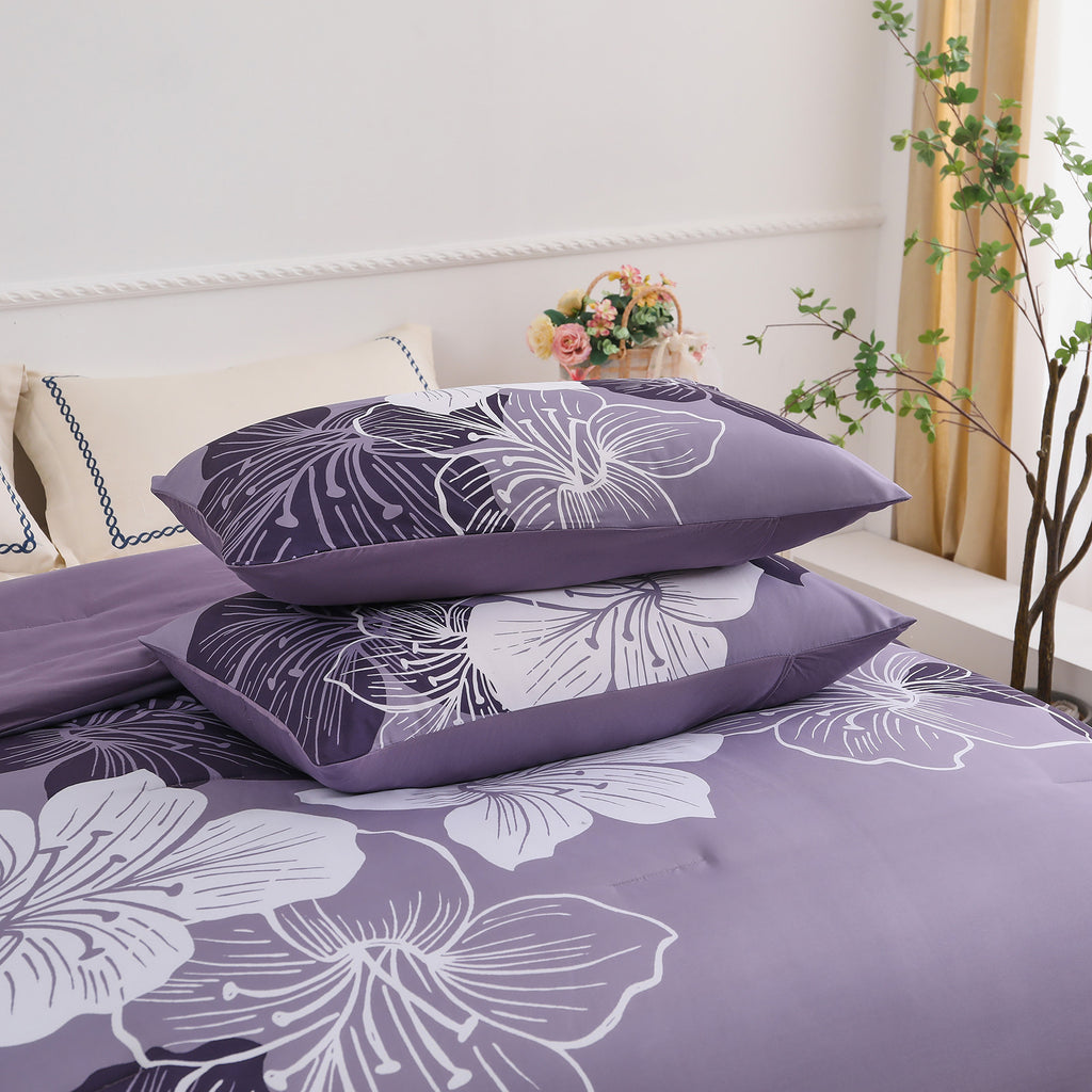 Comforter Set, Dark Purple Floral 3-Piece Bedding, Soft Microfiber for All Seasons