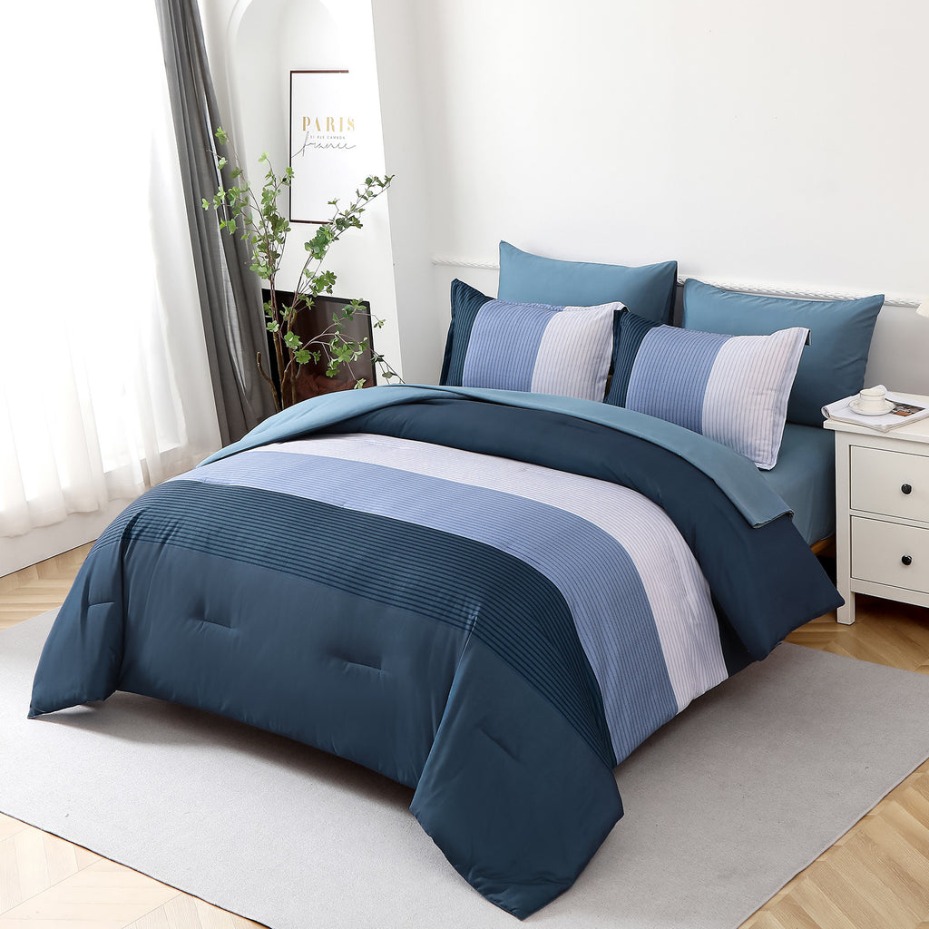 Navy Blue Comforter Set, Striped 3-Piece Bedding Collection