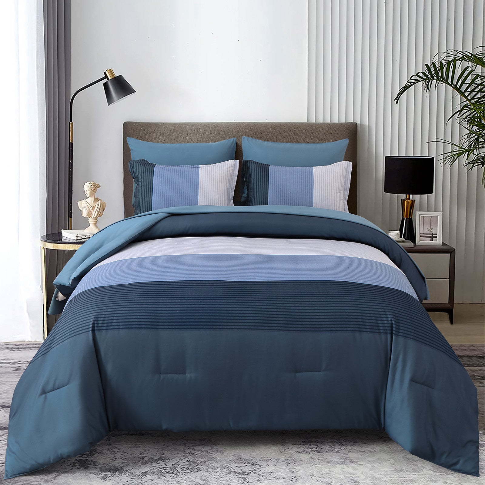 Navy Blue Comforter Set, Striped 3-Piece Bedding Collection