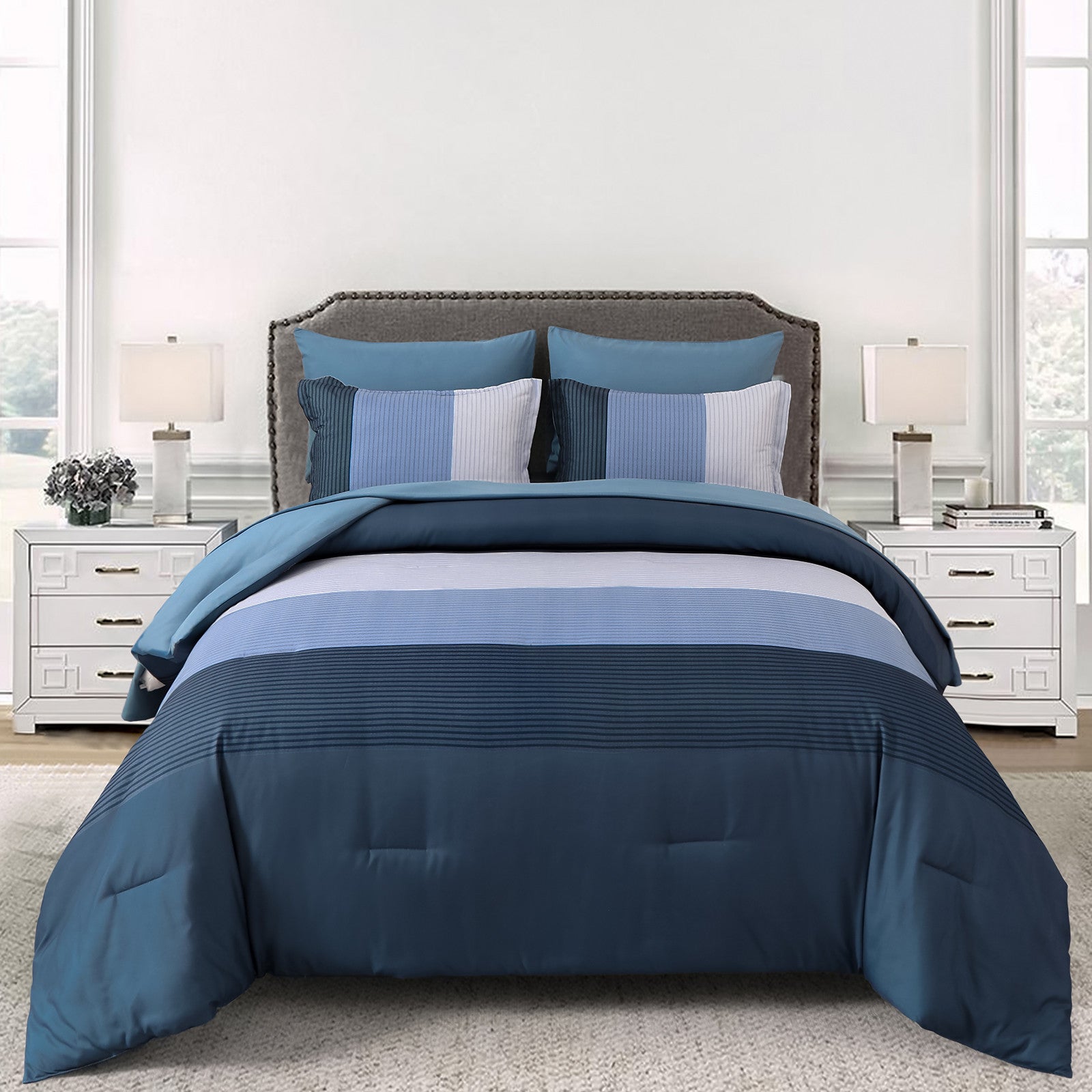 Navy Blue Comforter Set, Striped 3-Piece Bedding Collection