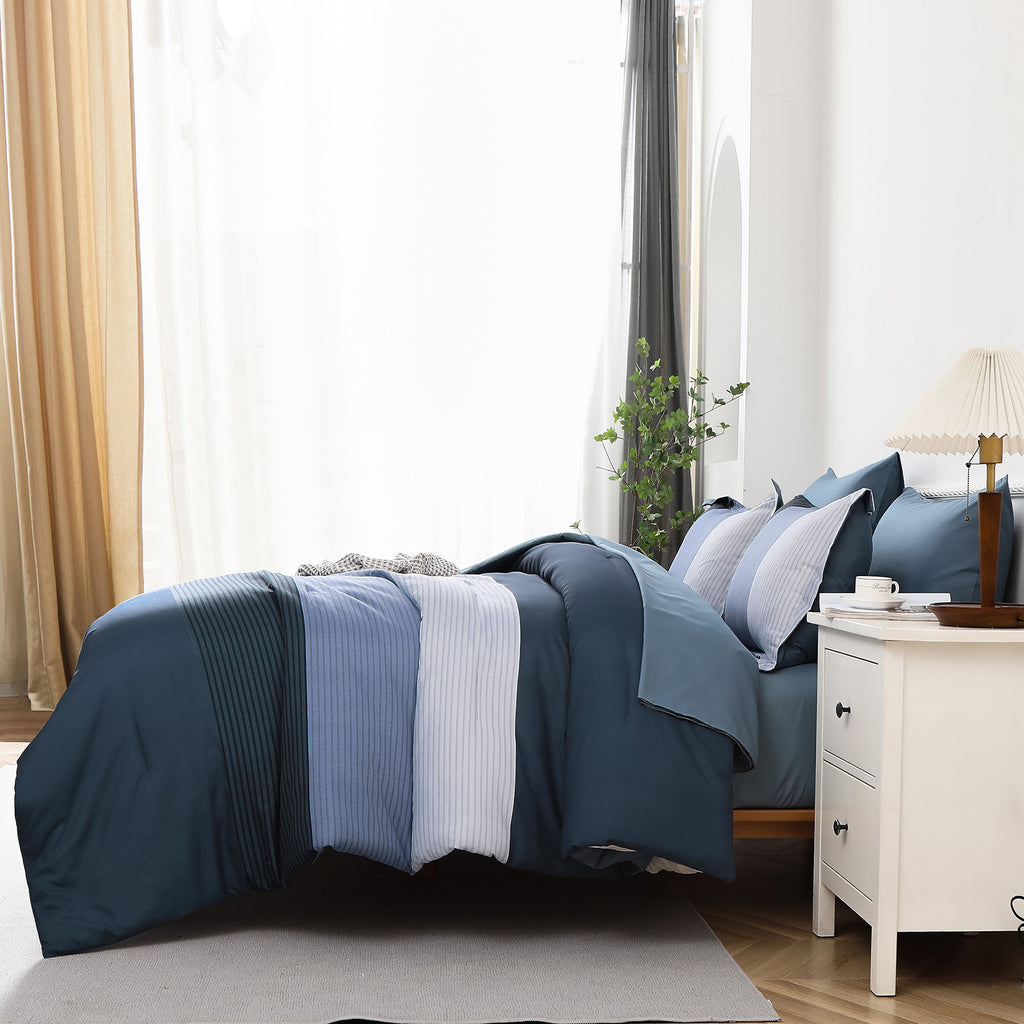 Navy Blue Comforter Set, Striped 3-Piece Bedding Collection