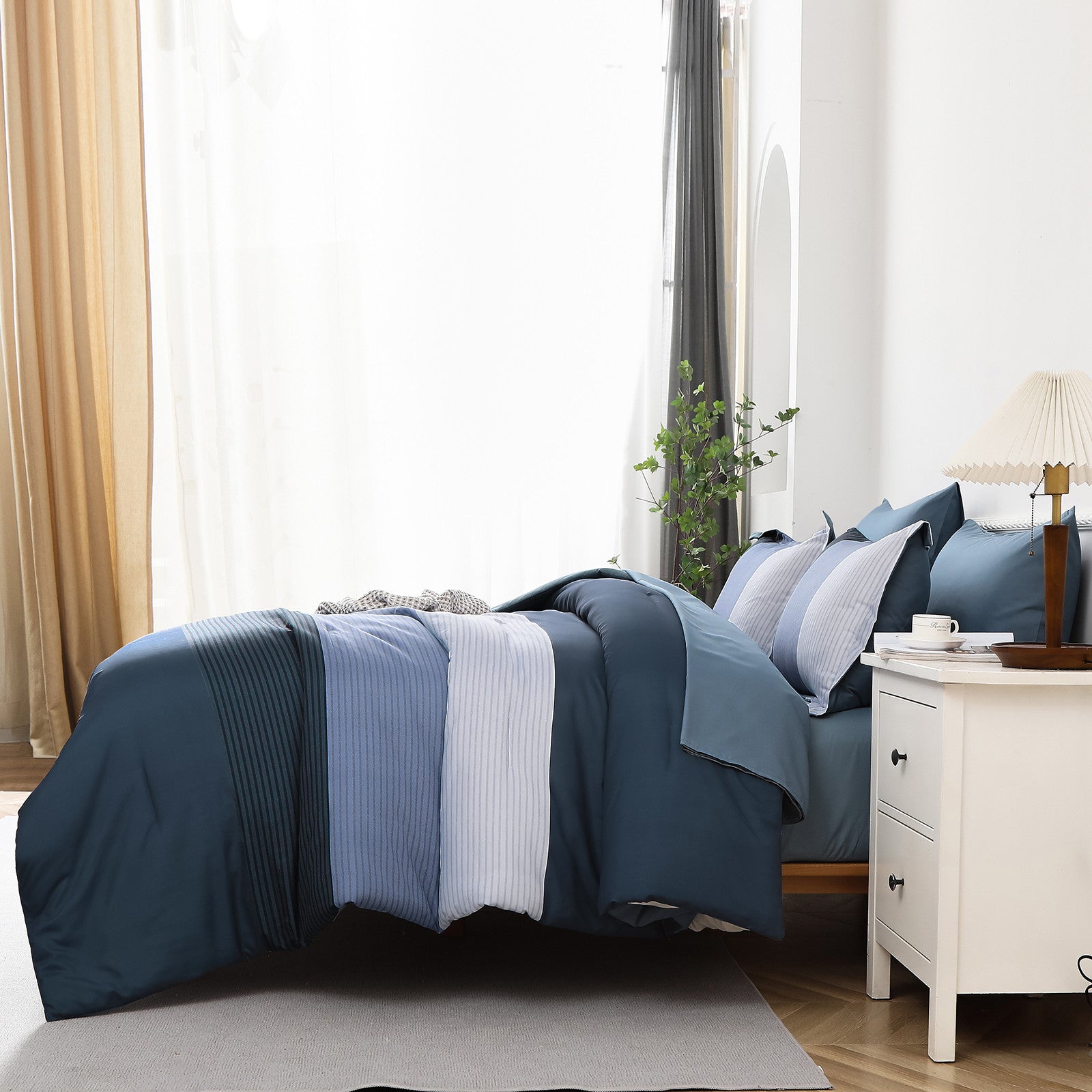 Navy Blue Comforter Set, Striped 3-Piece Bedding Collection