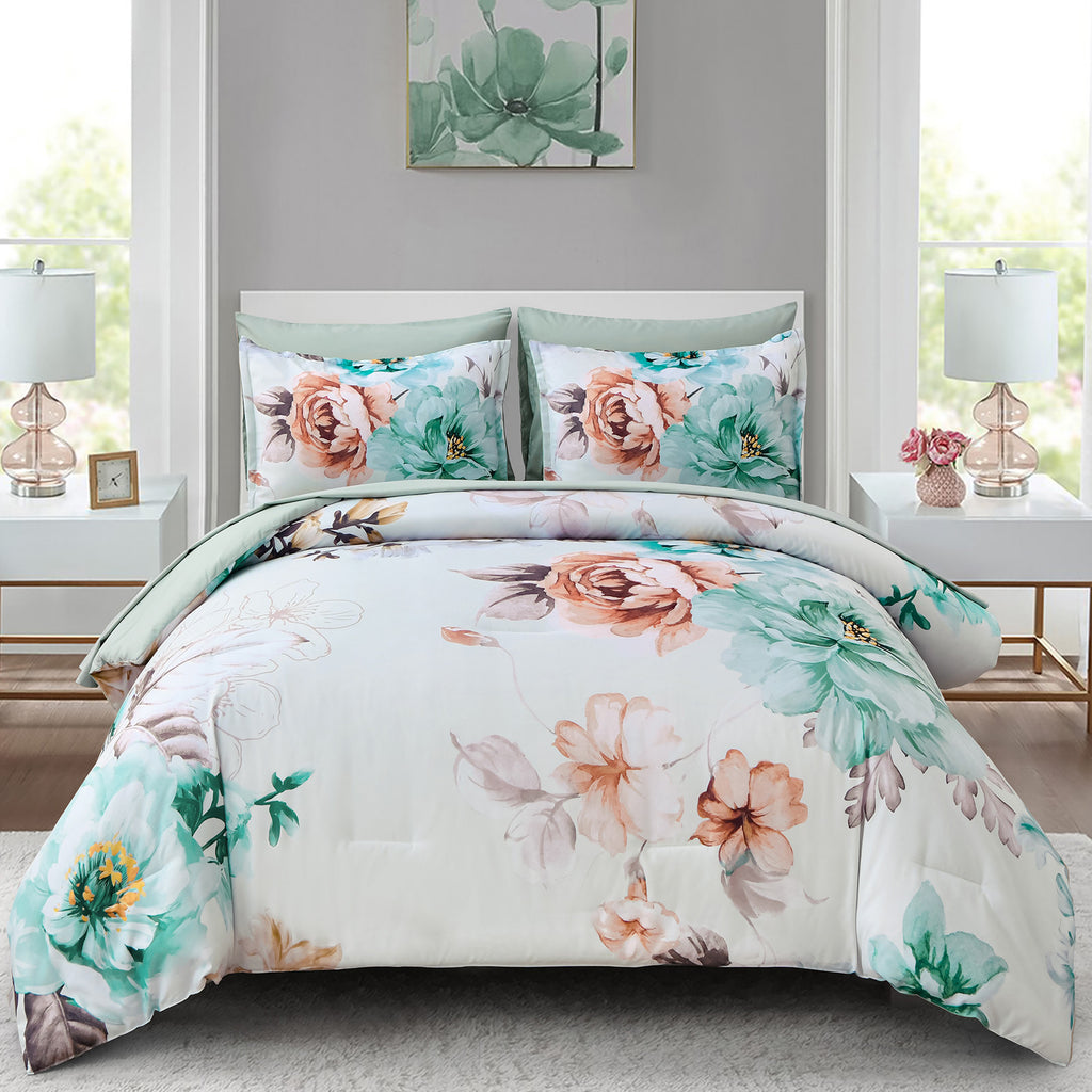 Warm Floral Comforter Set, Cozy Quilted Bedding with Pillowcases