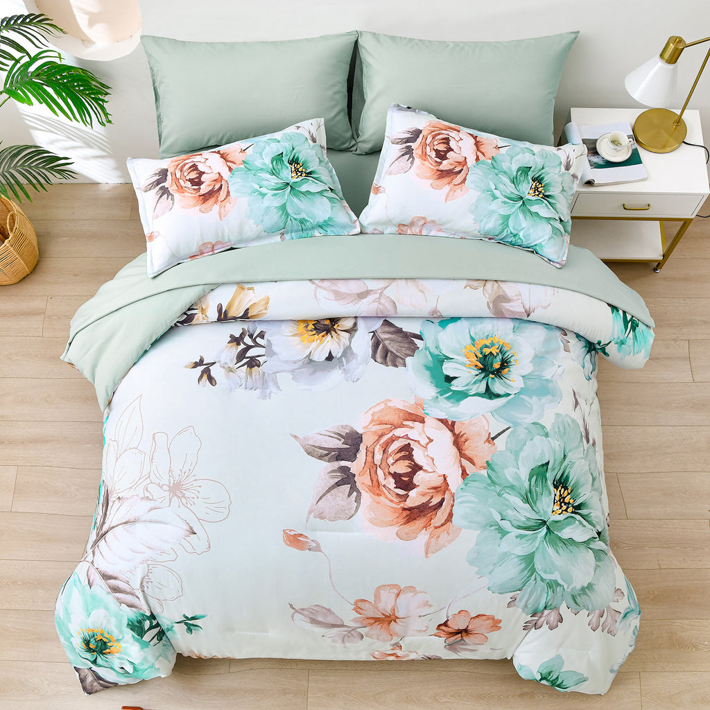 Warm Floral Comforter Set, Cozy Quilted Bedding with Pillowcases