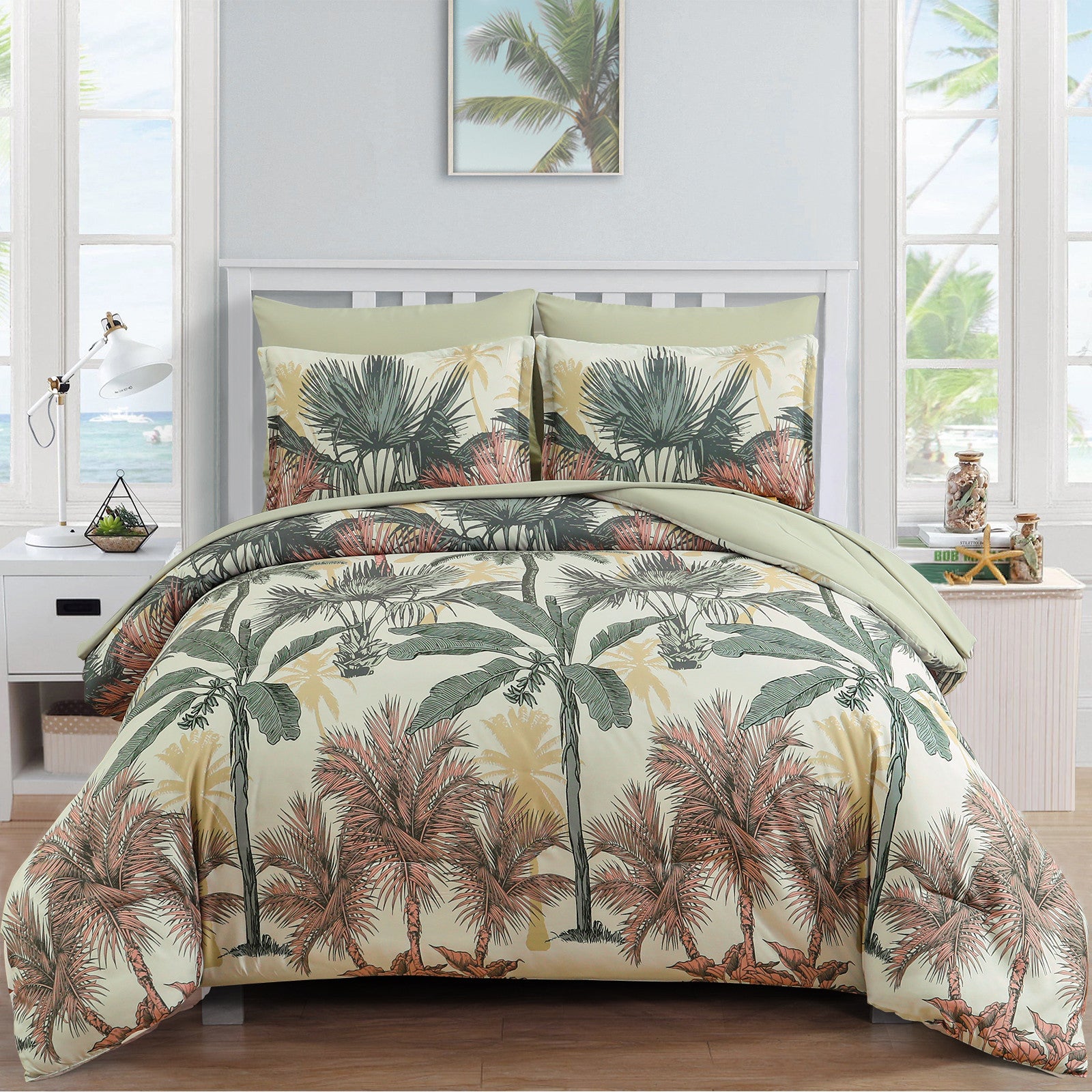 Soft Floral Leaf Comforter Set, Warm Quilted Bedding with Pillowcases