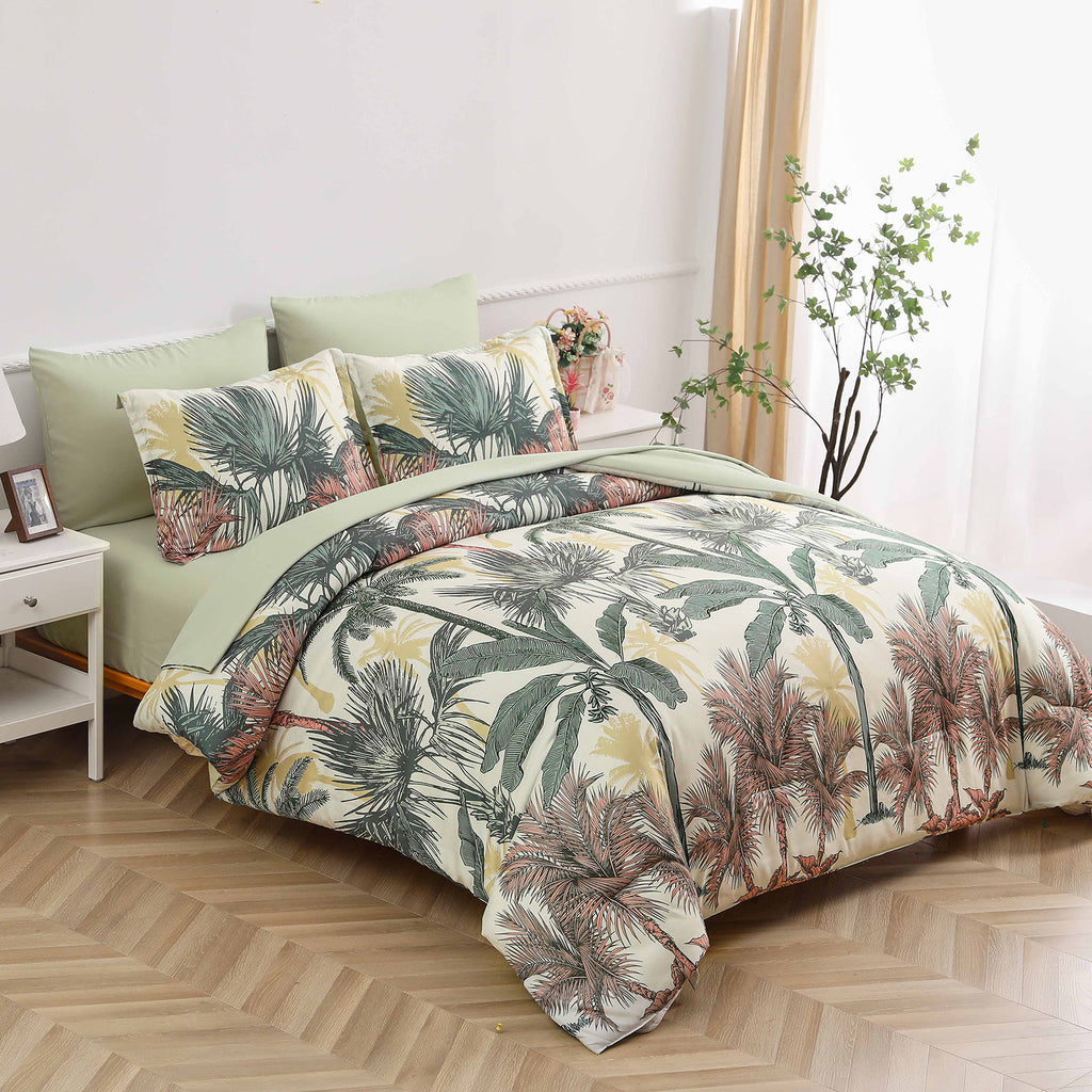 Soft Floral Leaf Comforter Set, Warm Quilted Bedding with Pillowcases