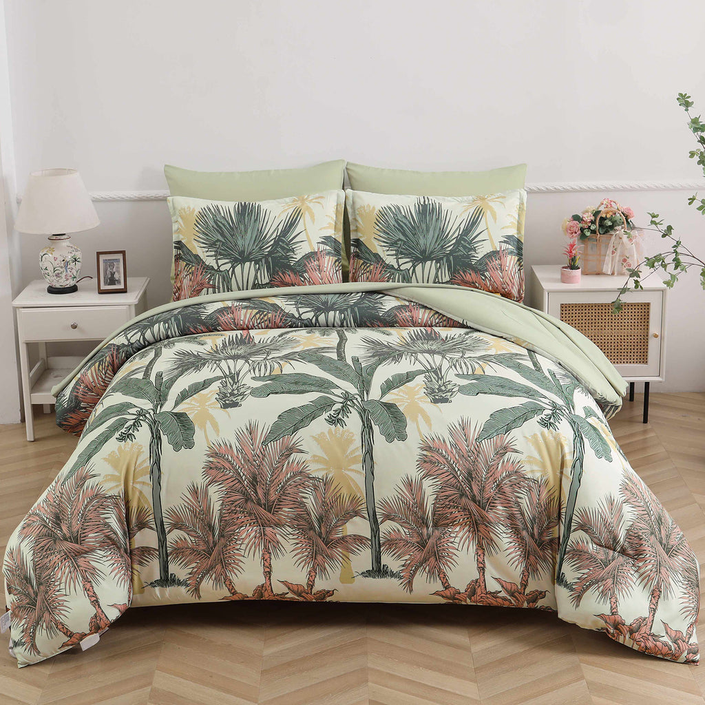Soft Floral Leaf Comforter Set, Warm Quilted Bedding with Pillowcases