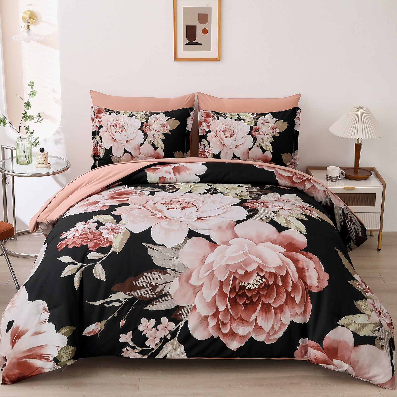 Soft Floral Comforter Set, Quilted Warm Bedding with Pillowcases