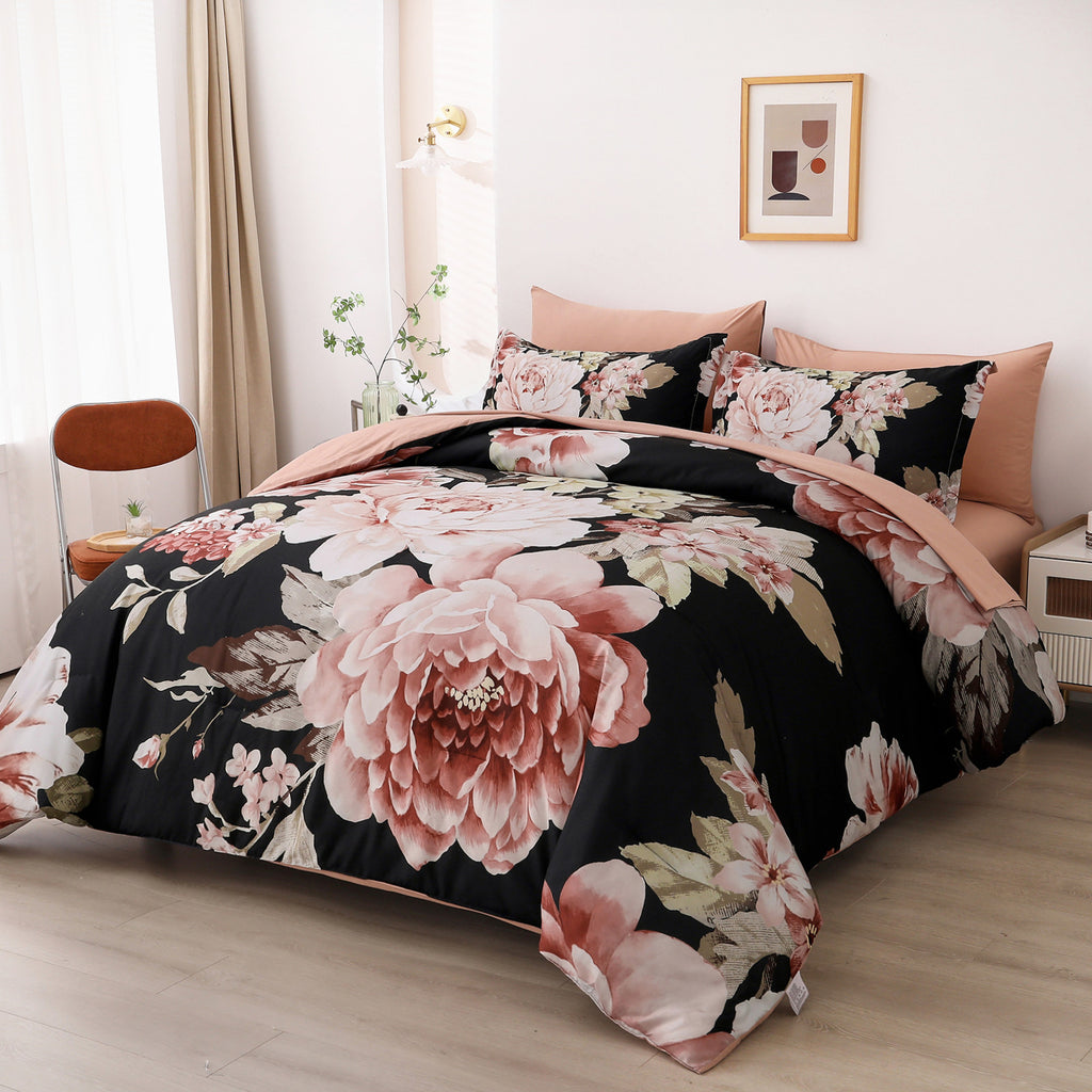 Soft Floral Comforter Set, Quilted Warm Bedding with Pillowcases
