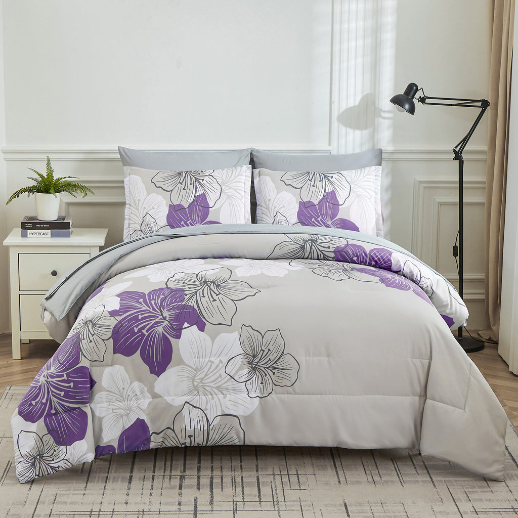 Floral Comforter Set, Purple Floral 3-Piece Bedding, Lightweight Microfiber