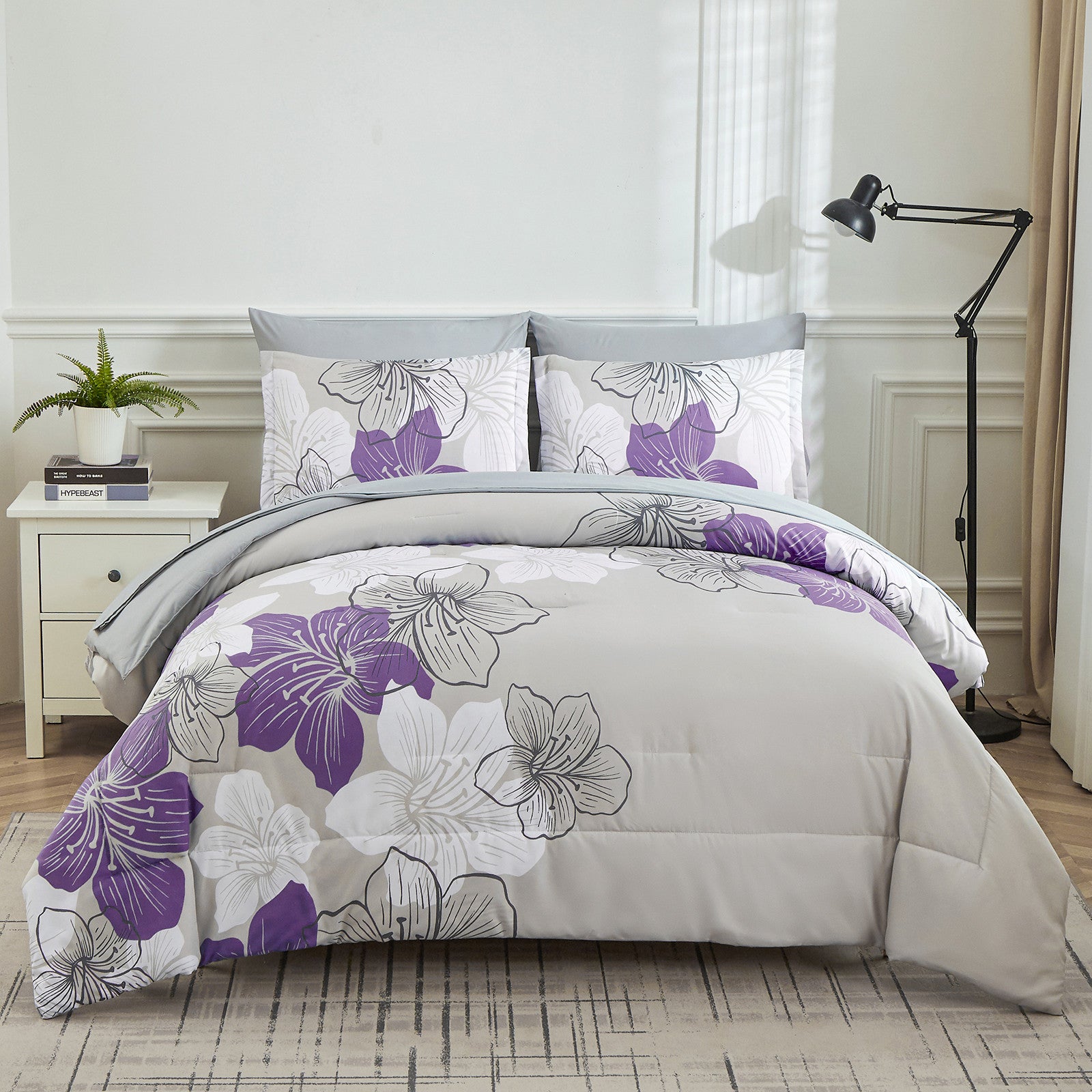 Floral Comforter Set, Purple Floral 3-Piece Bedding, Lightweight Microfiber
