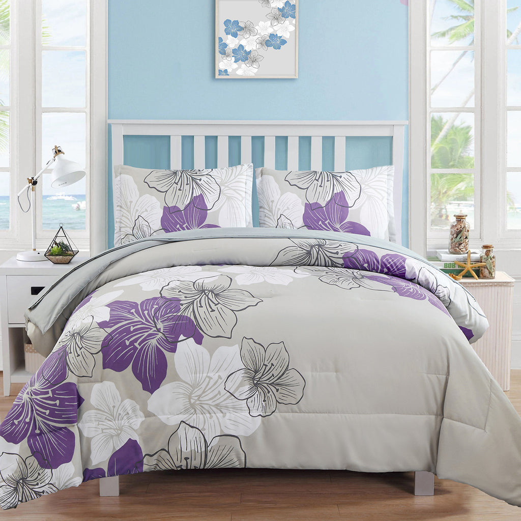 Floral Comforter Set, Purple Floral 3-Piece Bedding, Lightweight Microfiber