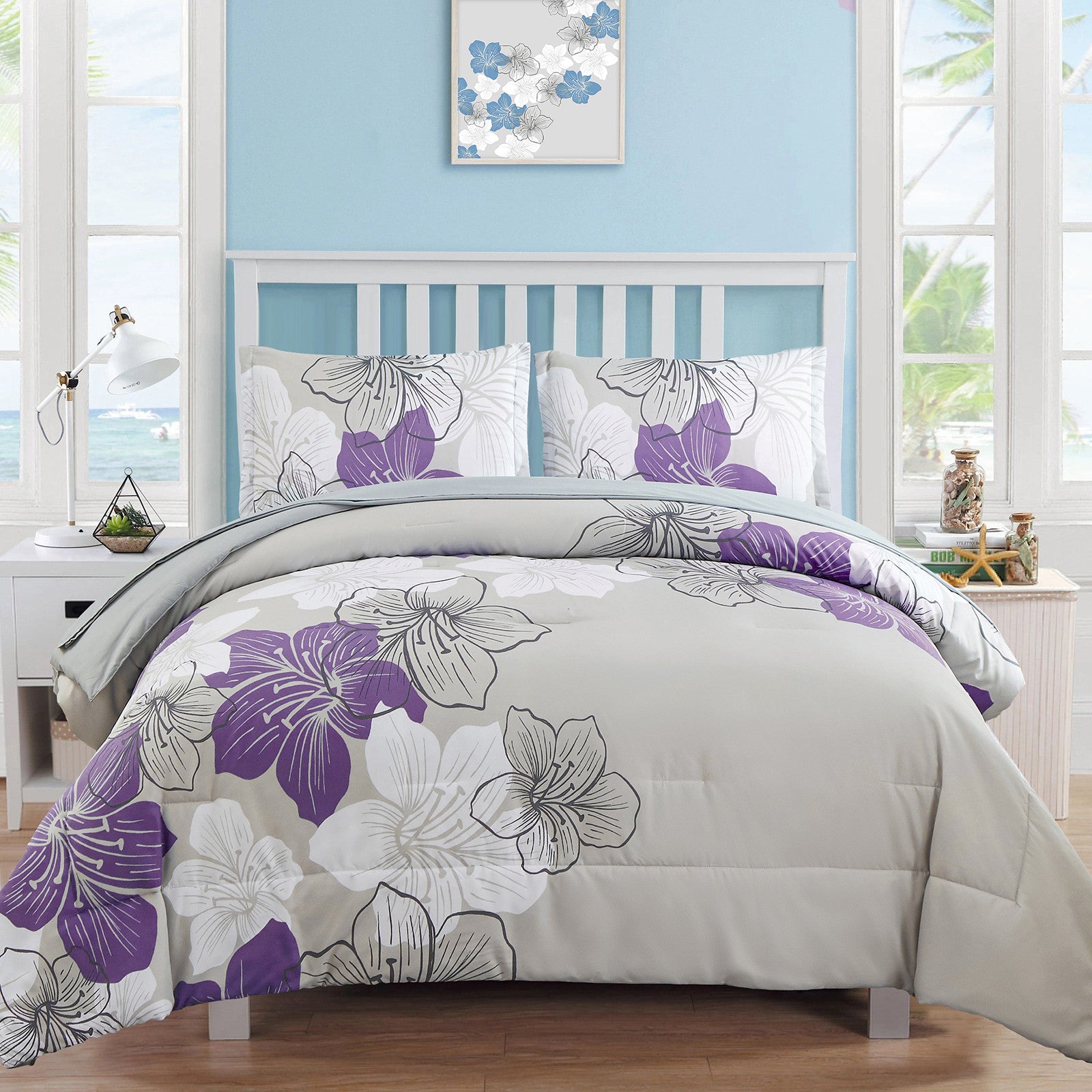 Floral Comforter Set, Purple Floral 3-Piece Bedding, Lightweight Microfiber