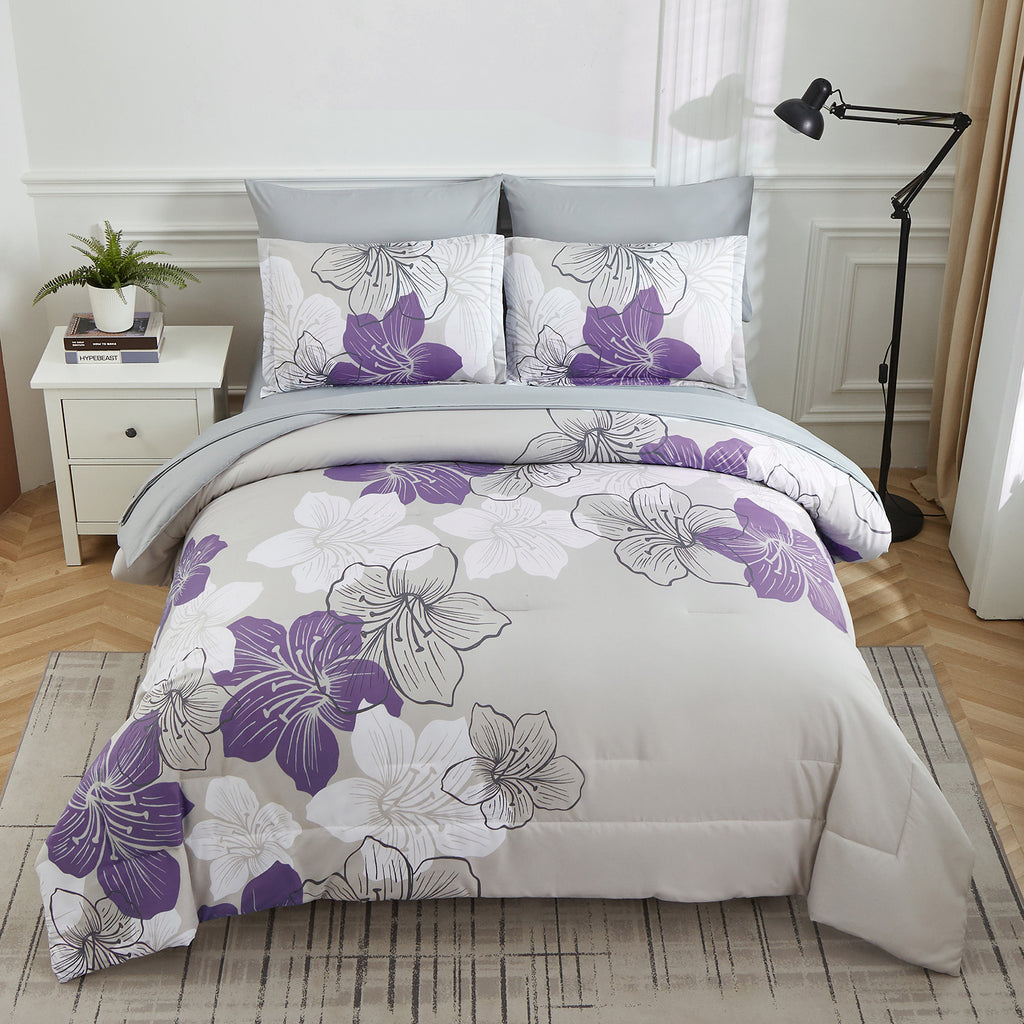 Floral Comforter Set, Purple Floral 3-Piece Bedding, Lightweight Microfiber