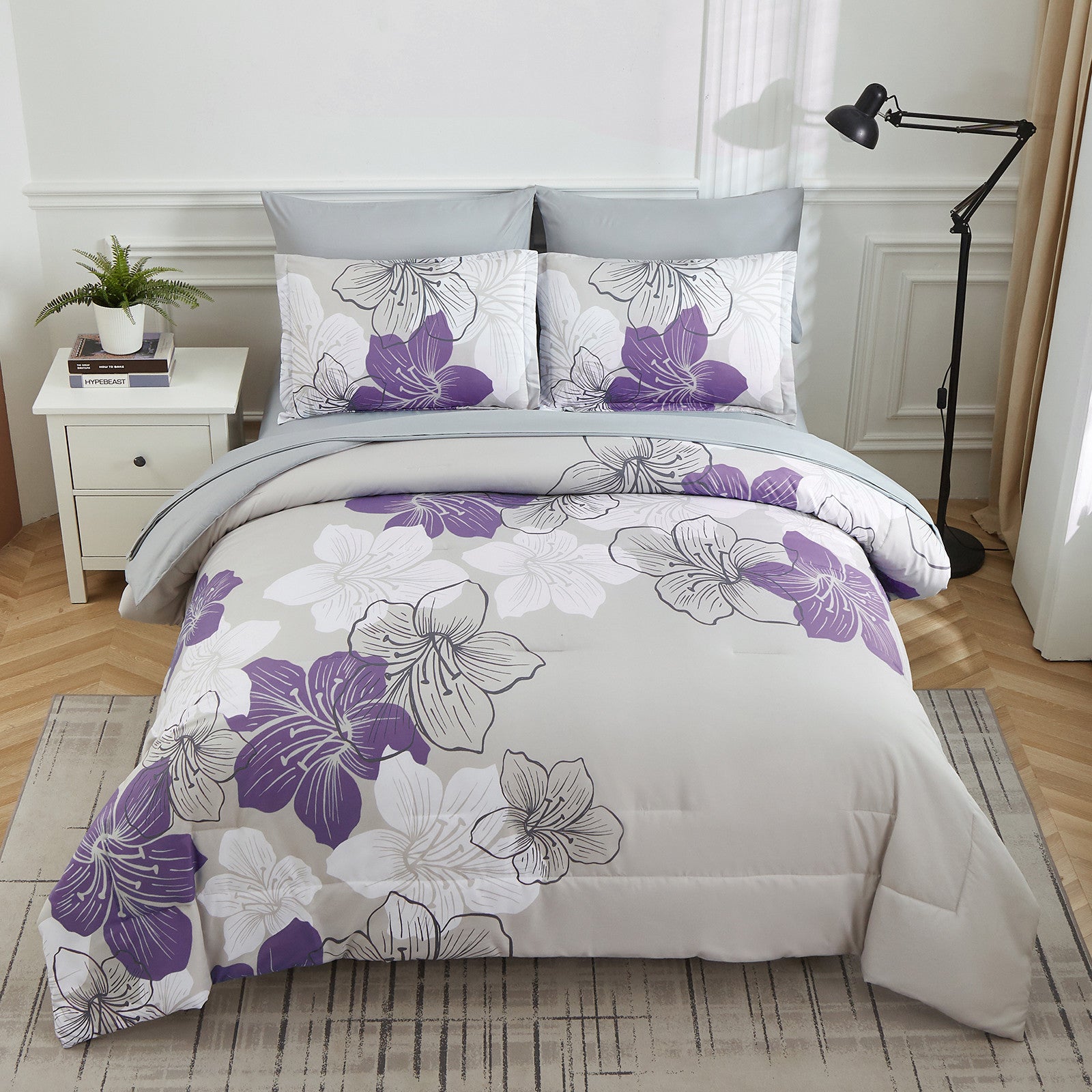 Floral Comforter Set, Purple Floral 3-Piece Bedding, Lightweight Microfiber