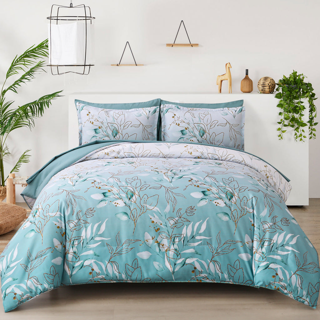 Soft Floral Leaf Comforter Set, Quilted Cozy Bedding with Pillowcases
