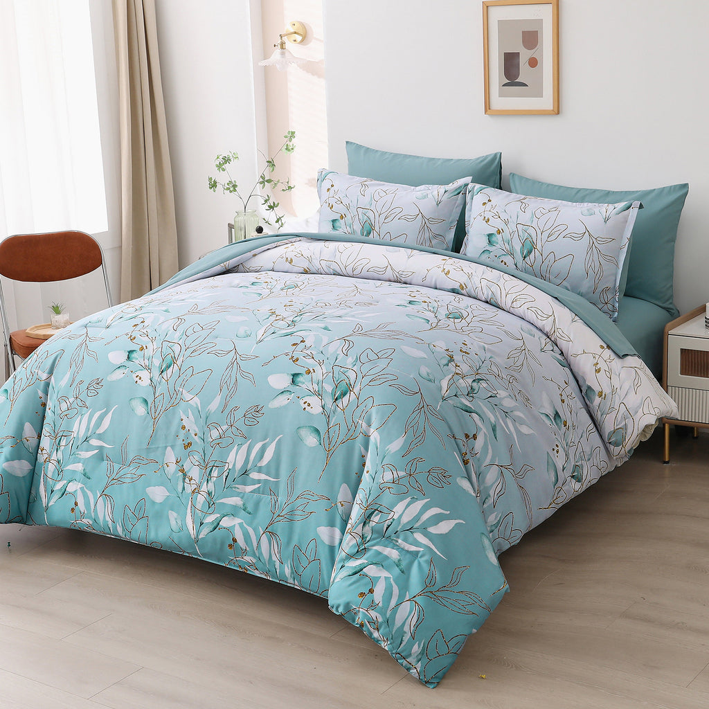 Soft Floral Leaf Comforter Set, Quilted Cozy Bedding with Pillowcases