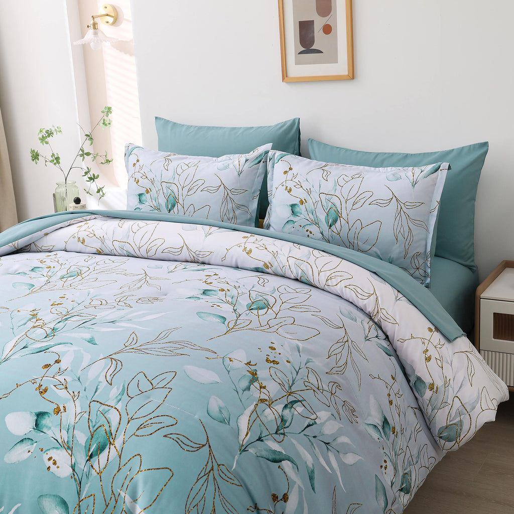Soft Floral Leaf Comforter Set, Quilted Cozy Bedding with Pillowcases