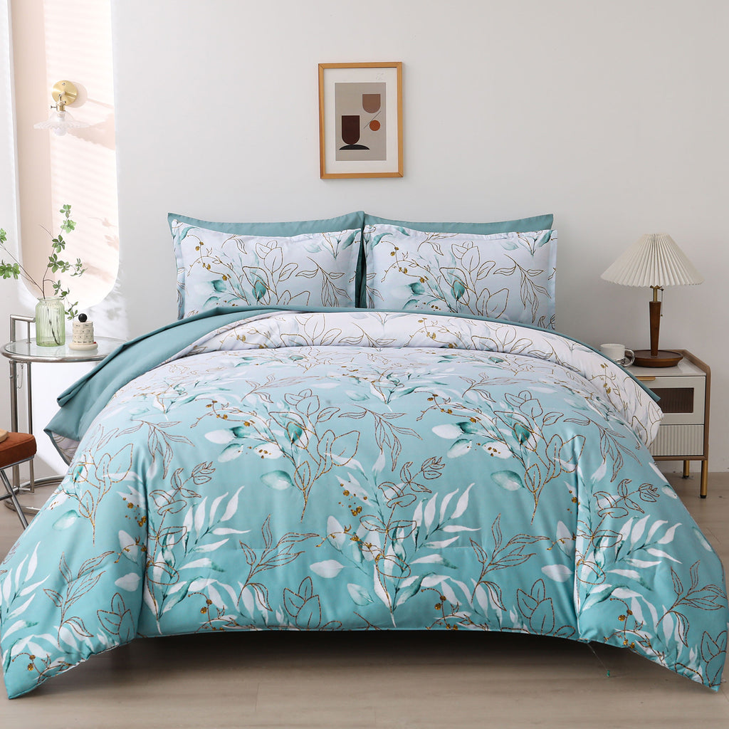 Soft Floral Leaf Comforter Set, Quilted Cozy Bedding with Pillowcases