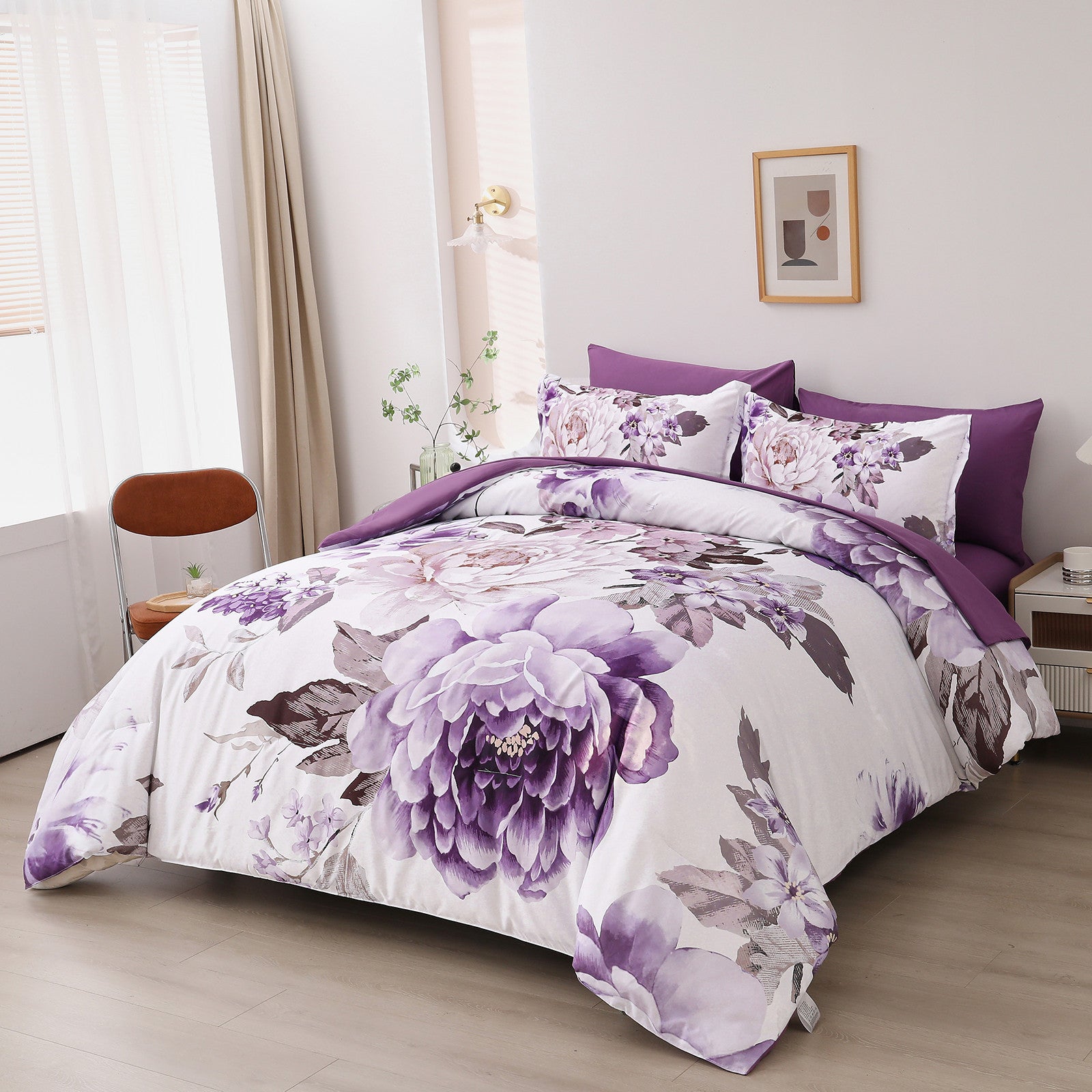 Elegant Floral Comforter Set, Warm Quilted Bedding with Pillowcases