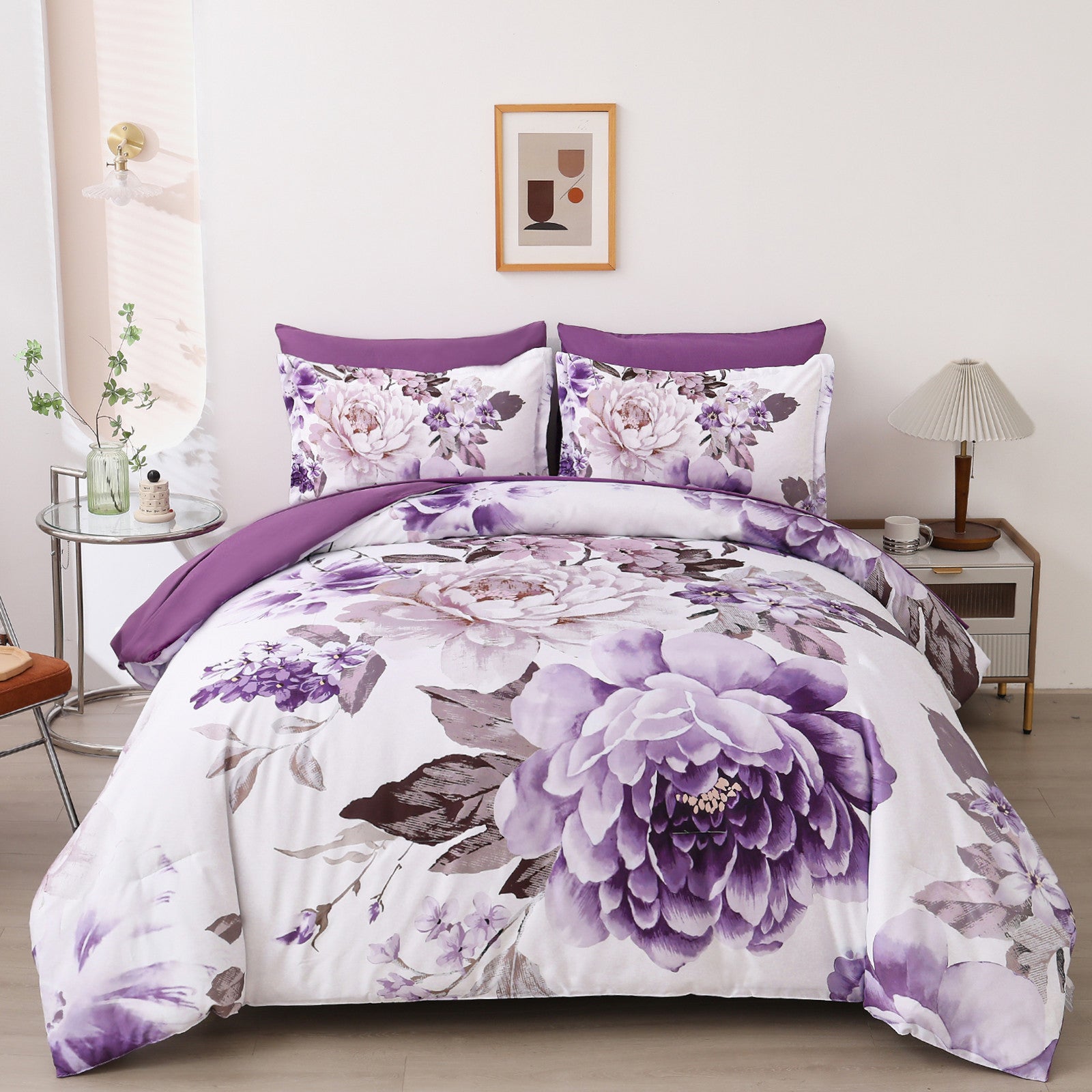Elegant Floral Comforter Set, Warm Quilted Bedding with Pillowcases