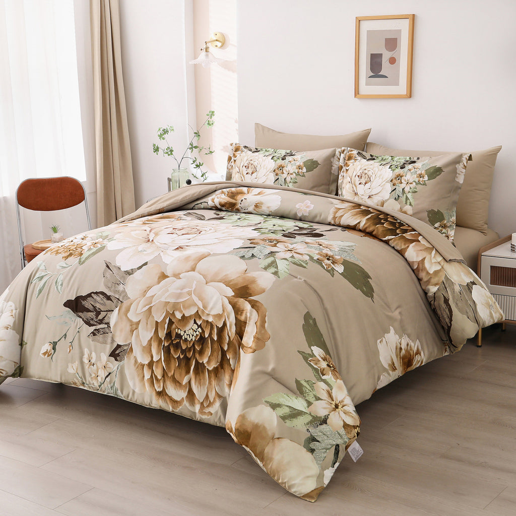 Cozy Floral Comforter Set, Quilted Warm Bedding with Pillowcases