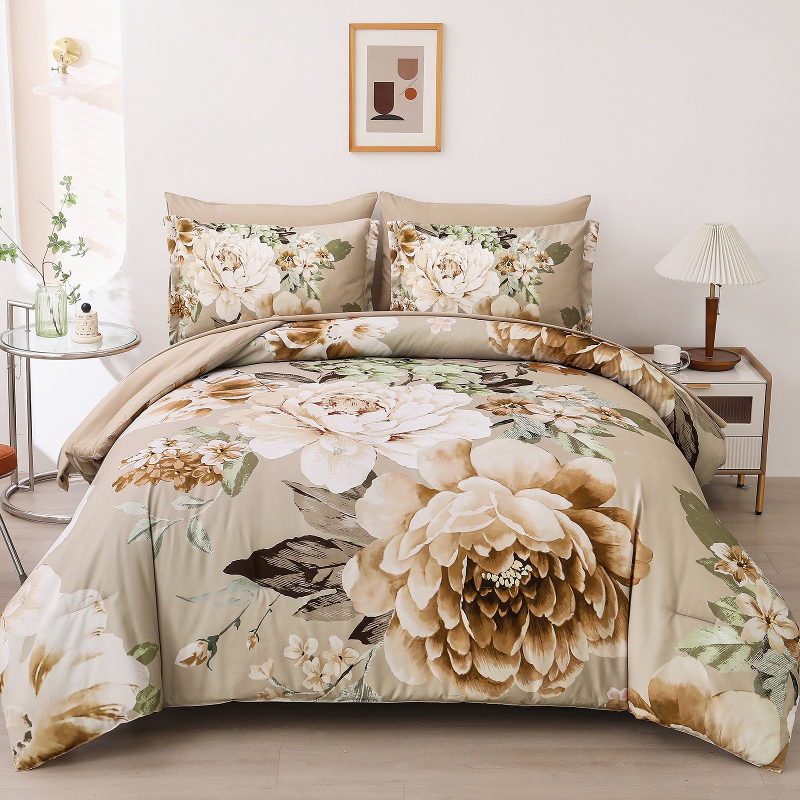 Cozy Floral Comforter Set, Quilted Warm Bedding with Pillowcases