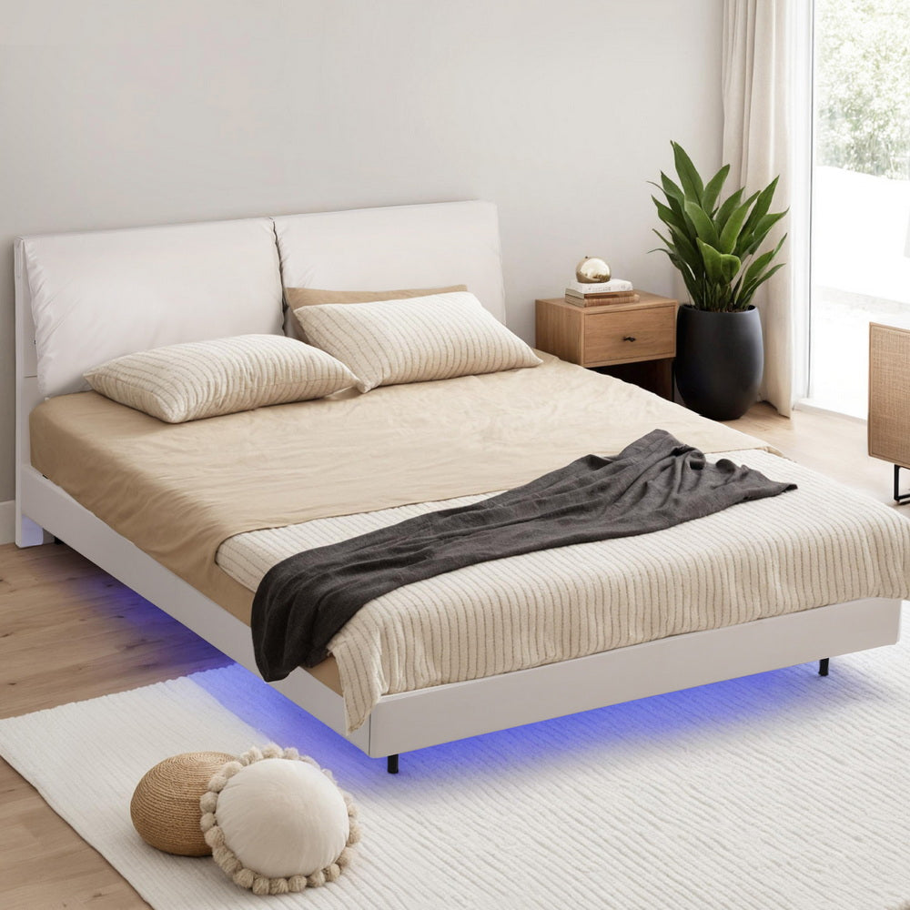 Artiss Queen Bed Frame RGB LED Floating Beds Adjustable Headboard Beige White