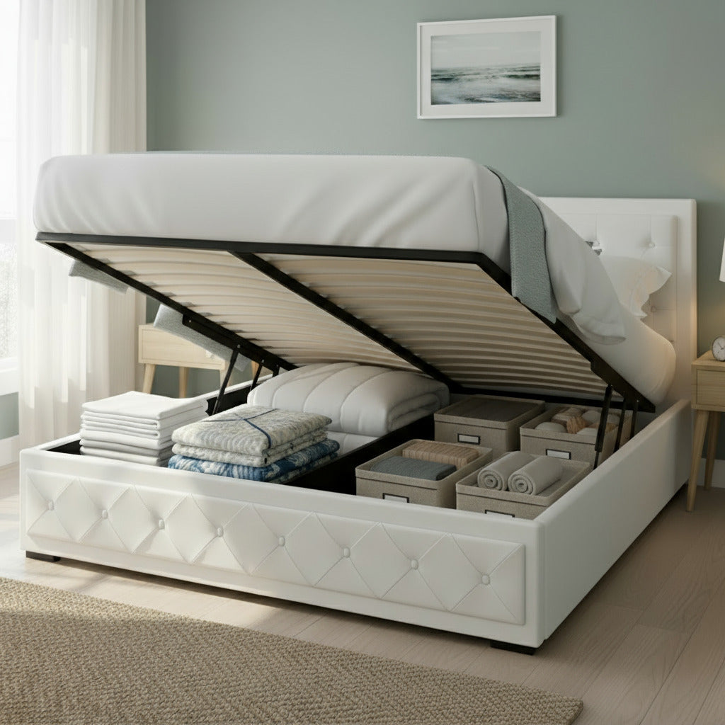 Artiss Bed Frame Queen Size Gas Lift White TIYO