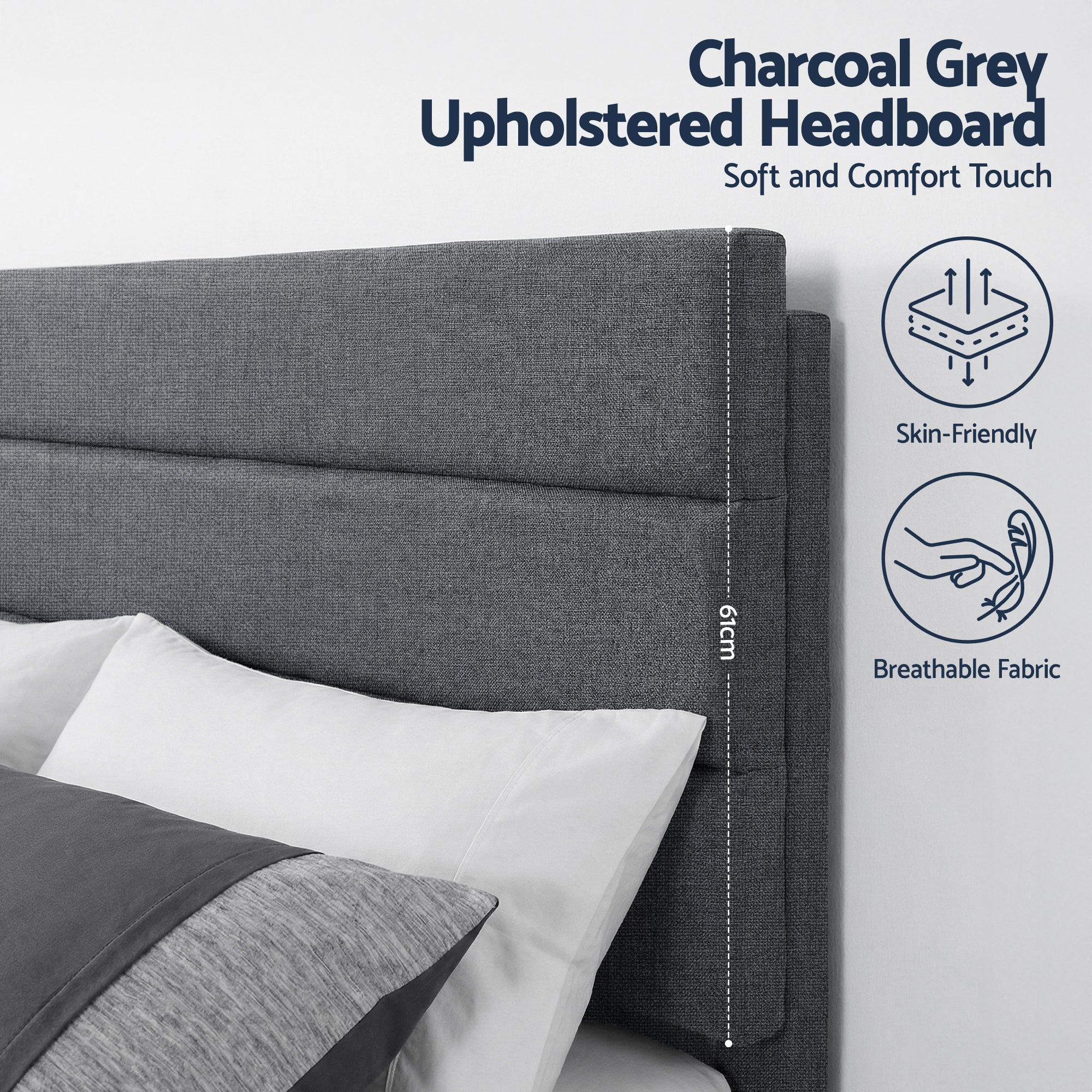 Artiss Double Bed Frame Upholstered Platform Base with Geometric Headboard Charcoal Grey Linen Wood Slats for Modern Bedroom Furniture Home Decor