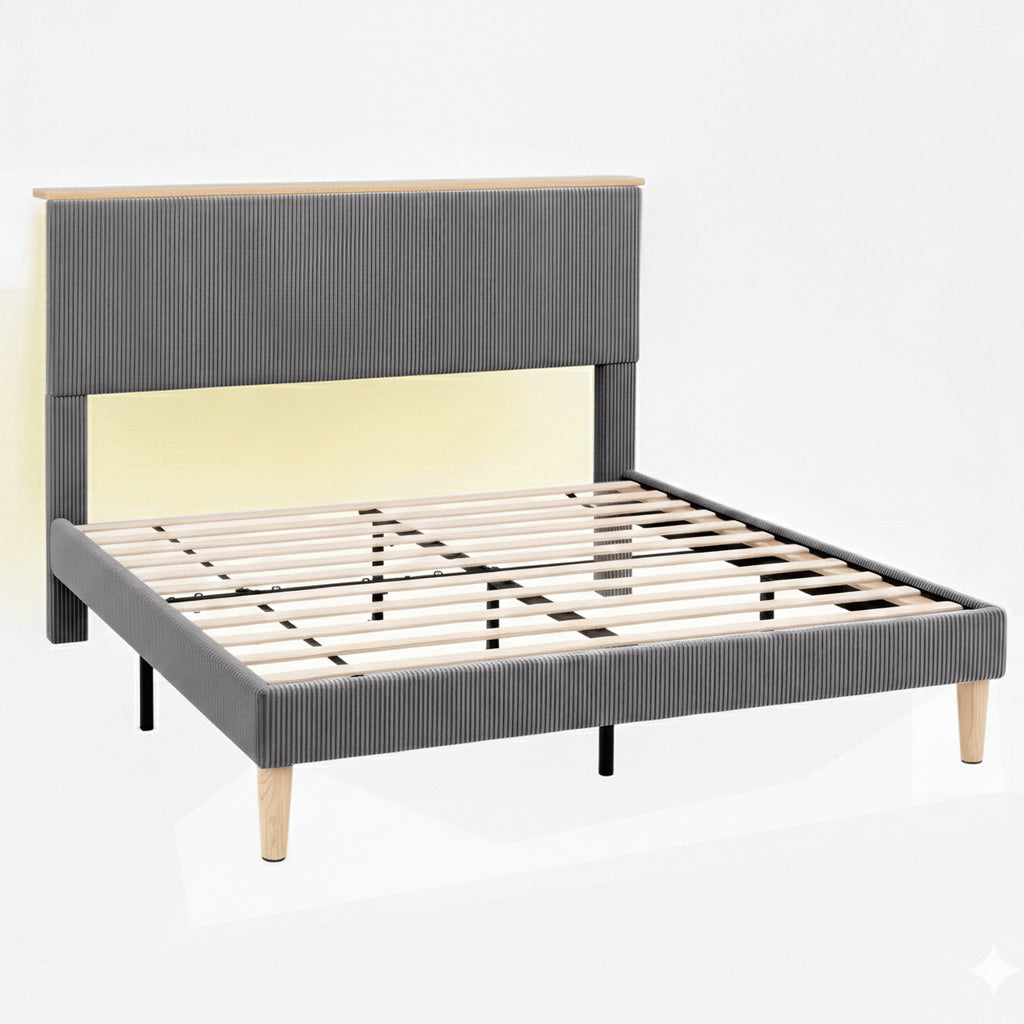 Artiss Double Bed Frame Upholstered Adjustable Headboard Mood Lighting Heavy Duty Grey Velvet