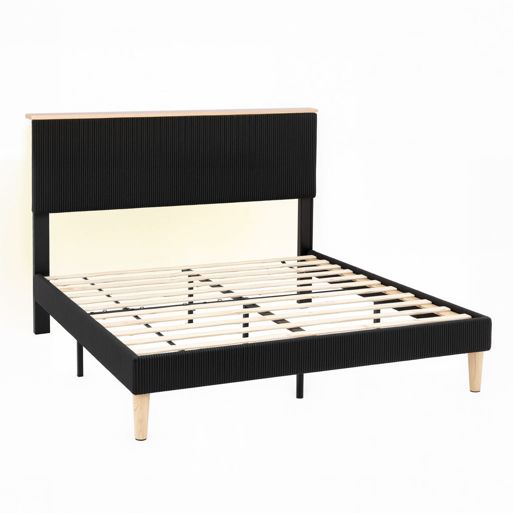 Artiss Queen Bed Frame Upholstered Adjustable Headboard Mood Lighting Heavy Duty Black Velvet