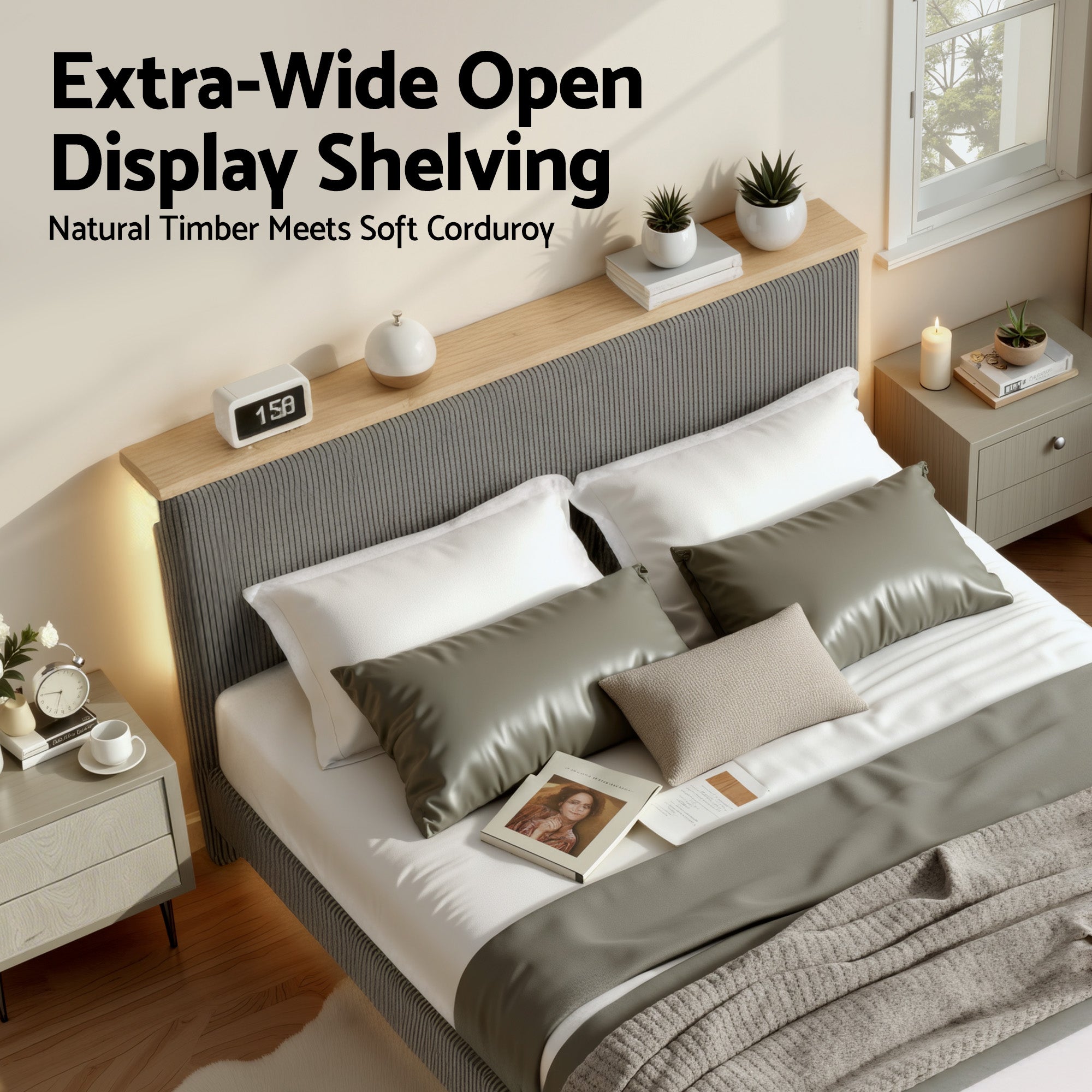Artiss Queen Bed Frame Upholstered Adjustable Headboard Mood Lighting Heavy Duty Grey Velvet