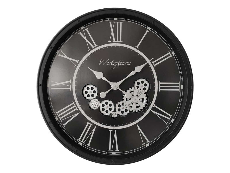 55cm - Retro Mechanical Wall Clock with Active Cogs – Black