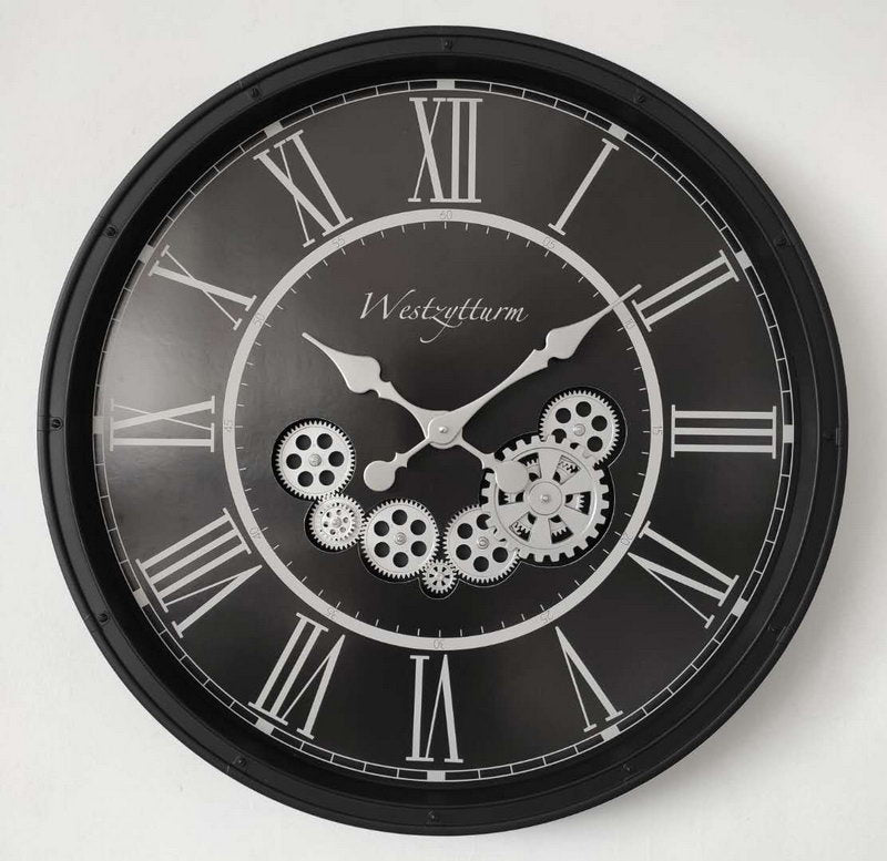 55cm - Retro Mechanical Wall Clock with Active Cogs – Black