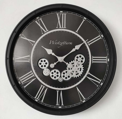 55cm - Retro Mechanical Wall Clock with Active Cogs – Black