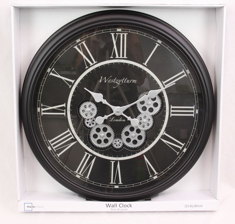 55cm - Retro Mechanical Wall Clock with Active Cogs – Black