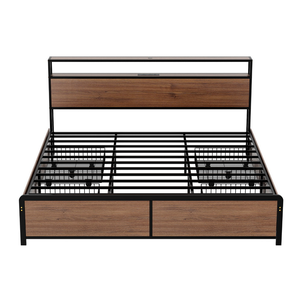 Artiss Metal Bed Frame King Size with 2-Tier Storage Headboard Metal Platform with 4 Storage Drawers Built in Charging Station & LED Noise-Free/Metal Support/No Box Spring Needed Vintage Brown