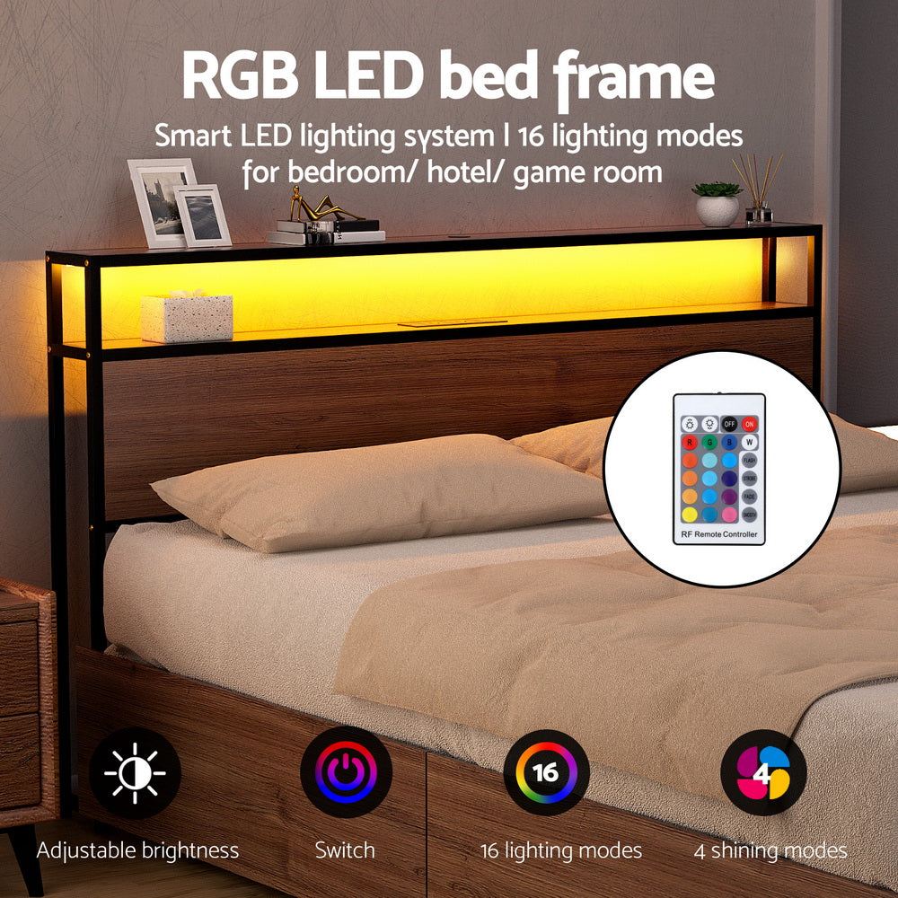 Artiss Metal Bed Frame King Size with 2-Tier Storage Headboard Metal Platform with 4 Storage Drawers Built in Charging Station & LED Noise-Free/Metal Support/No Box Spring Needed Vintage Brown