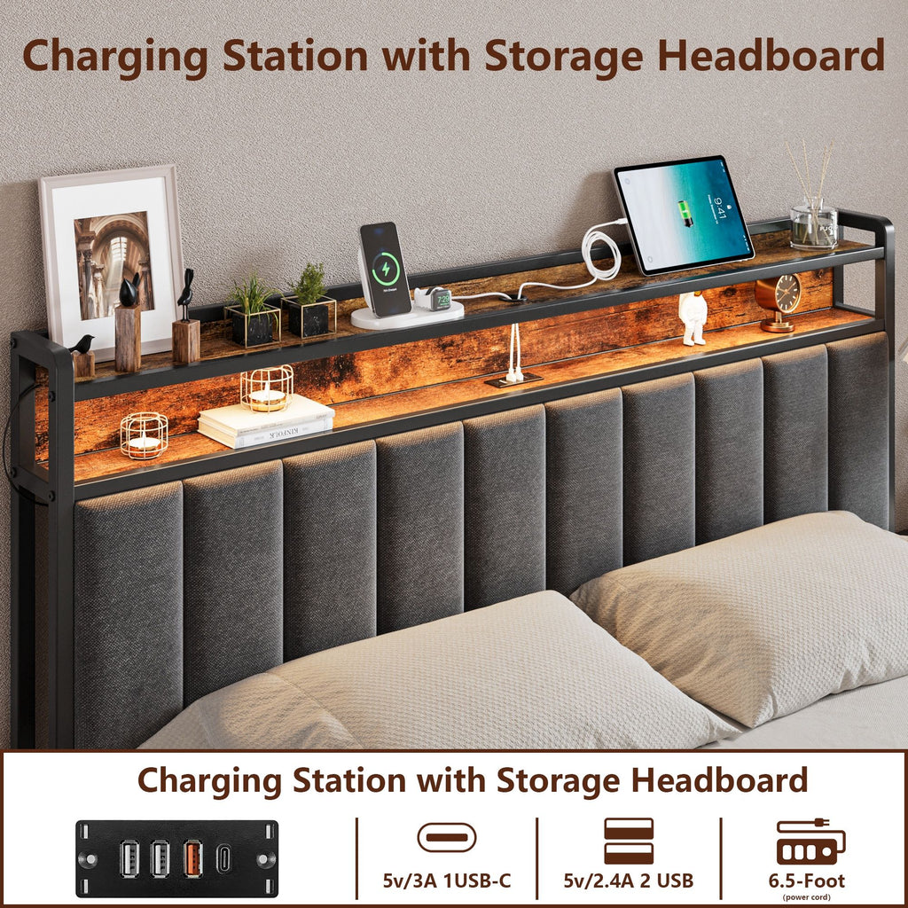 Double Bed Frame with 2 Storage Drawers and LED Lights Headboard, Upholstered Bed Frame with Charging Station, No Box Spring Needed, Easy Assembly - Grey