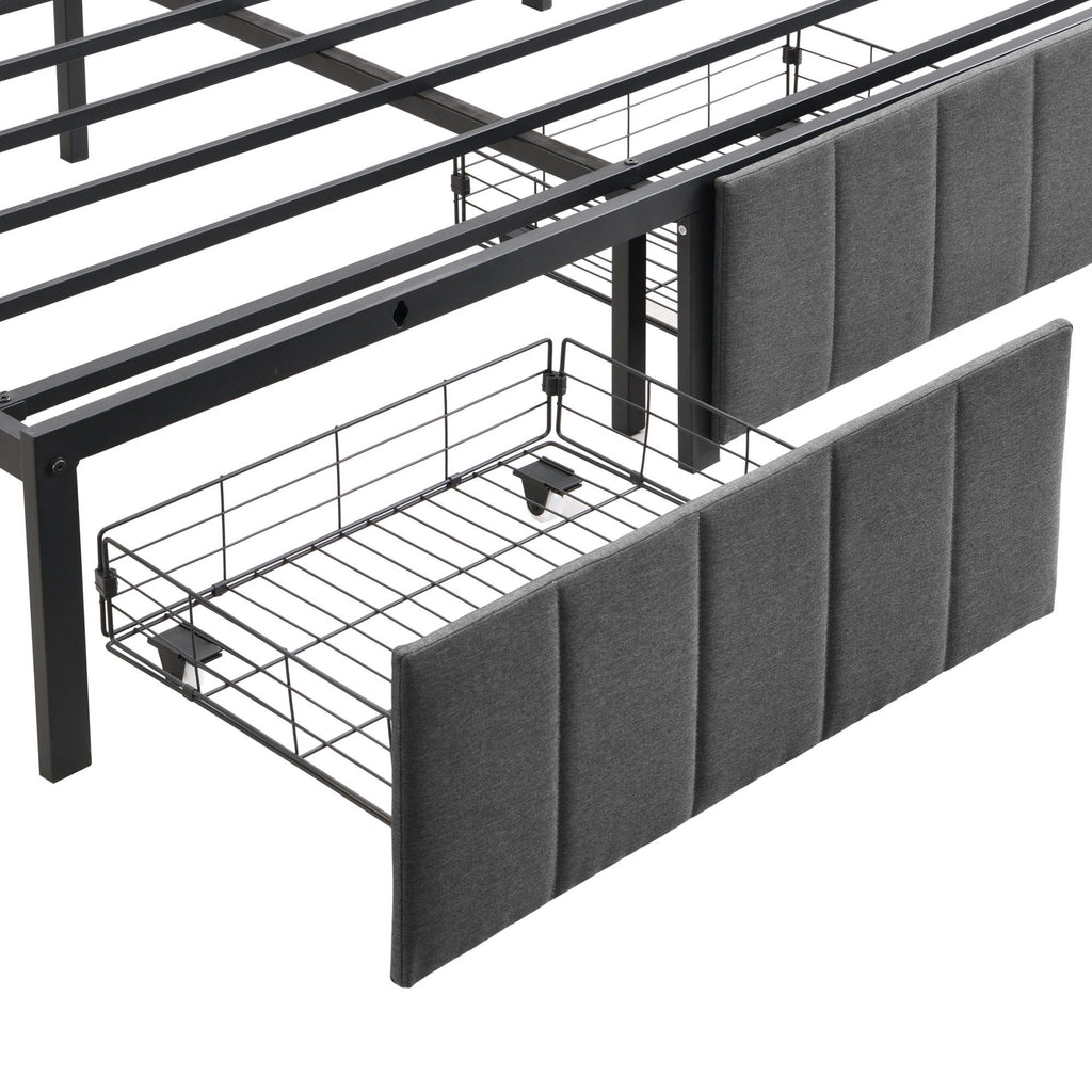 Double Bed Frame with 2 Storage Drawers and LED Lights Headboard, Upholstered Bed Frame with Charging Station, No Box Spring Needed, Easy Assembly - Grey