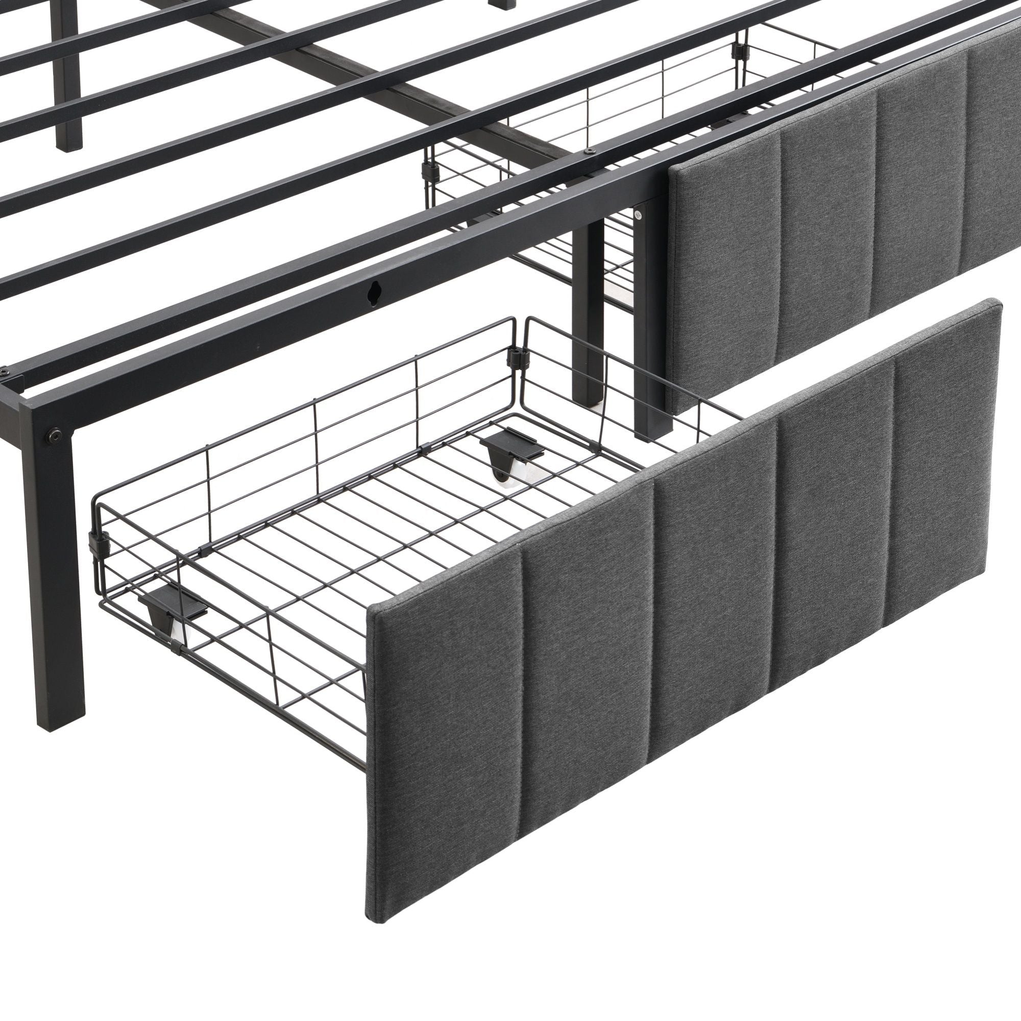 Double Bed Frame with 2 Storage Drawers and LED Lights Headboard, Upholstered Bed Frame with Charging Station, No Box Spring Needed, Easy Assembly - Grey