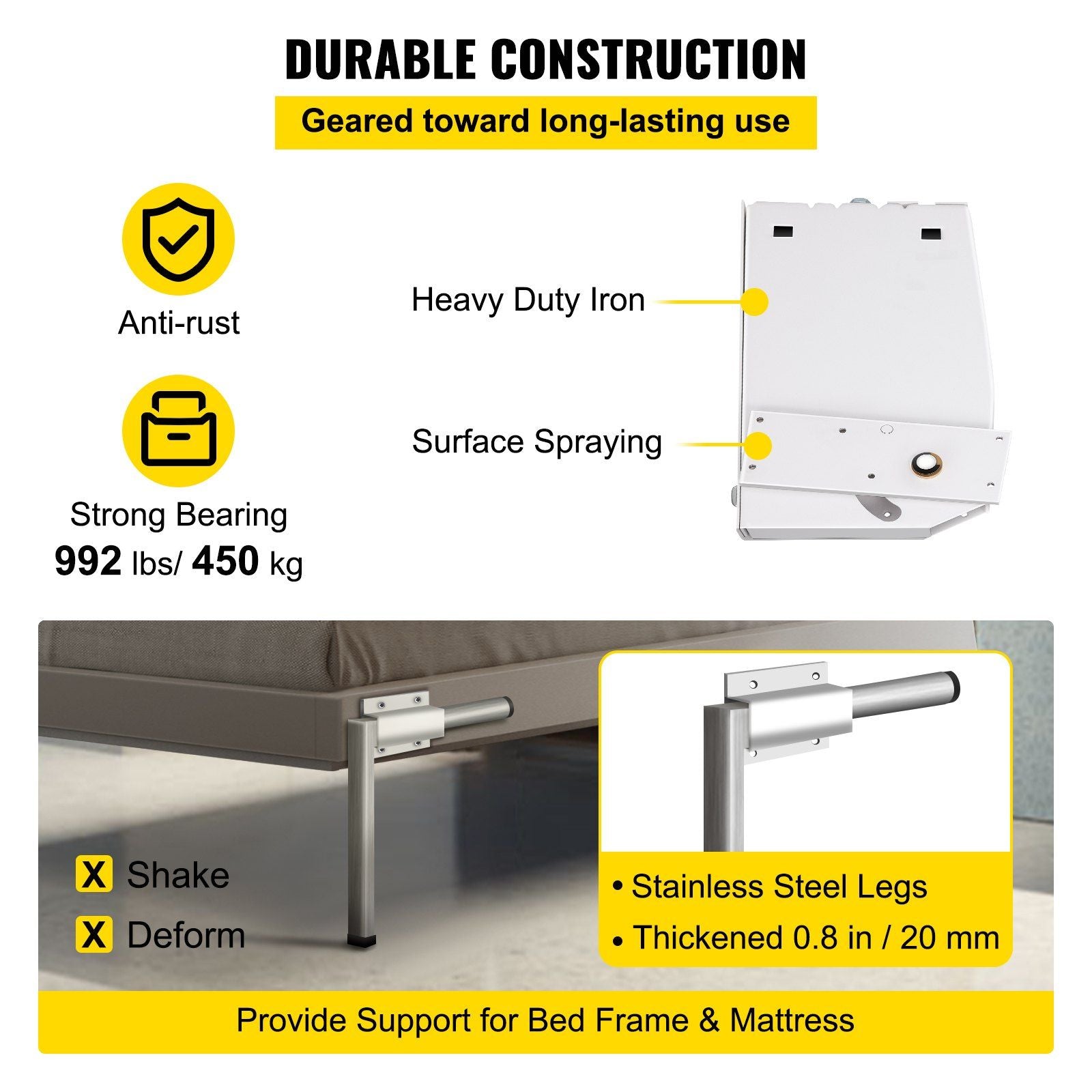 Murphy Mounting Wall Springs Mechanism, Heavy Duty Support Hardware DIY Kit, Bed Springs Mechanism Ideal for King Queen Bed (Vertical), White