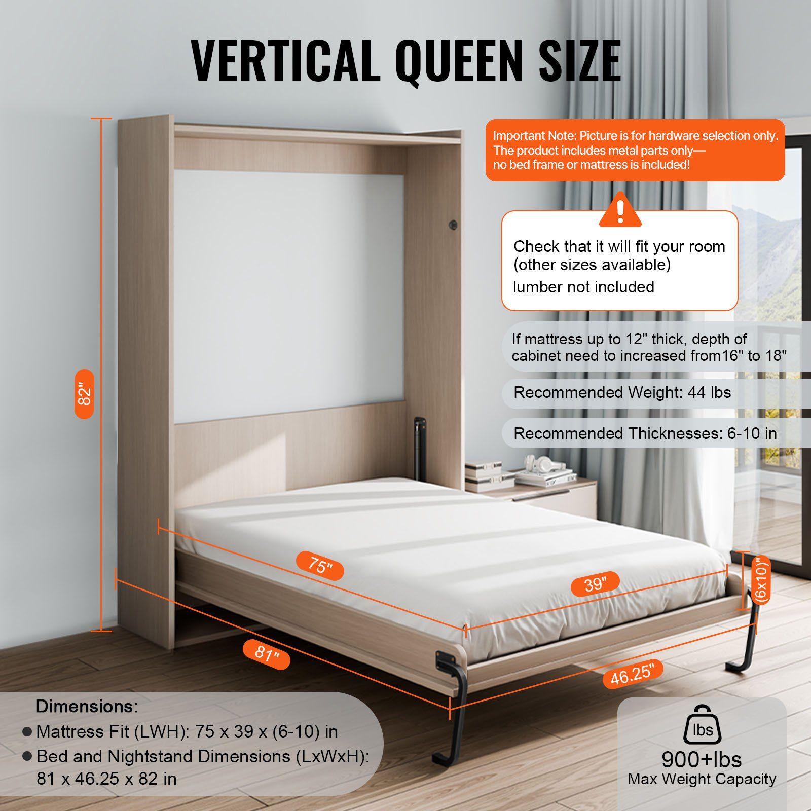 Murphy Bed Kit, Twin Size, Vertical Deluxe DIY Wall Bed Mechanical Hardware Kit, Pneumatic Lever Heavy Duty Bed Frame Support, Folding Cabinet Wall Bed Space Saving Design for Guestroom