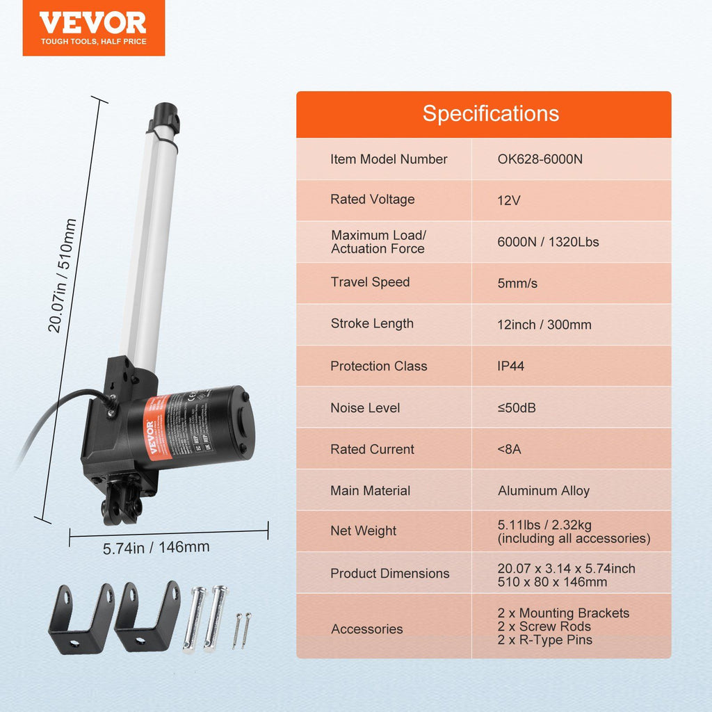Linear Actuator 12V, 12 Inch Heavy Duty 1320lbs/6000N Linear Actuator, 0.19"/s Linear Motion Actuator with Mounting Bracket & IP44 Protection for Electric Door Industrial Machinery Vessels Cargo